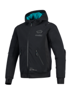 Alpinestars Moblast Waterproof Jacket, Black with teal hood lining, technical softshell motorcycle jacket featuring 3D zippered pockets, integrated thumbholes, and Alpinestars chest branding, urban riding apparel
