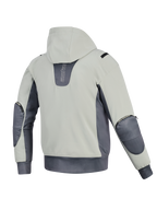 Alpinestars Moblast Waterproof Jacket, back view, Iron Gray and Dark Sage, motorcycle hoodie with light sage body and dark gray accents, vertical branding on the back, visible elbow protector zippers, and elasticated waistband