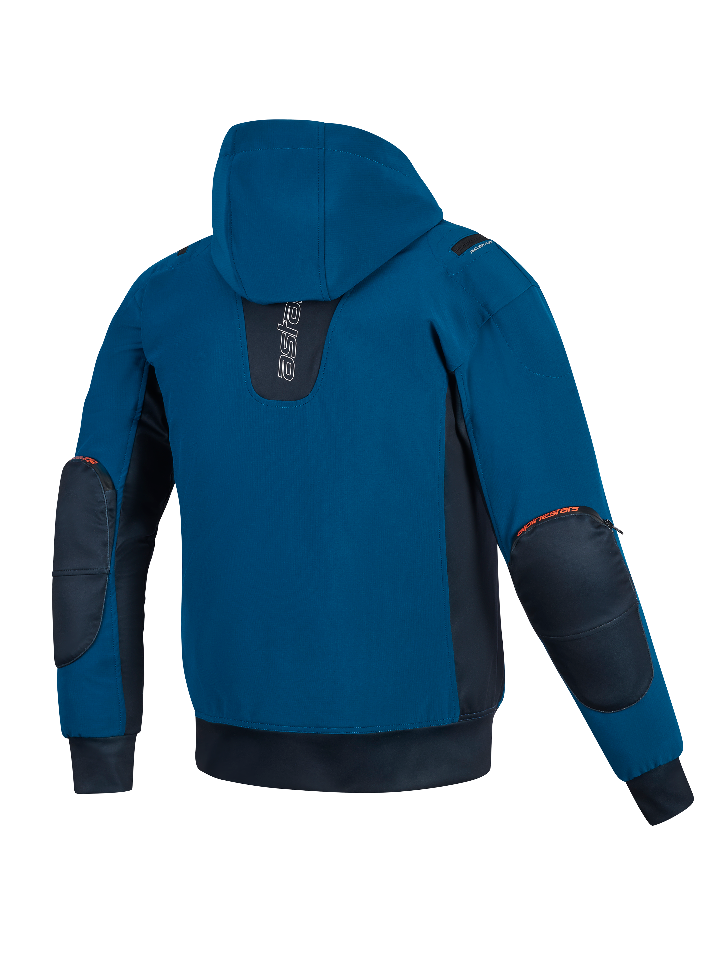 Alpinestars Moblast Waterdichte Jas, Dark Petrol en Dark Navy blauw, achteraanzicht van motorjas met capuchon, voorzien van softshell-constructie, donkerblauwe zijpanelen en versterkte elleboogbeschermers met oranje logodetails.
