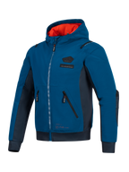 Alpinestars Moblast Waterproof Jacket, Dark Petrol en Dark Navy blauw, urbane motorhoodie met een feloranje voering in de capuchon, technische 3D-zakken en softshell ripstop-constructie voor woon-werkverkeer in alle seizoenen