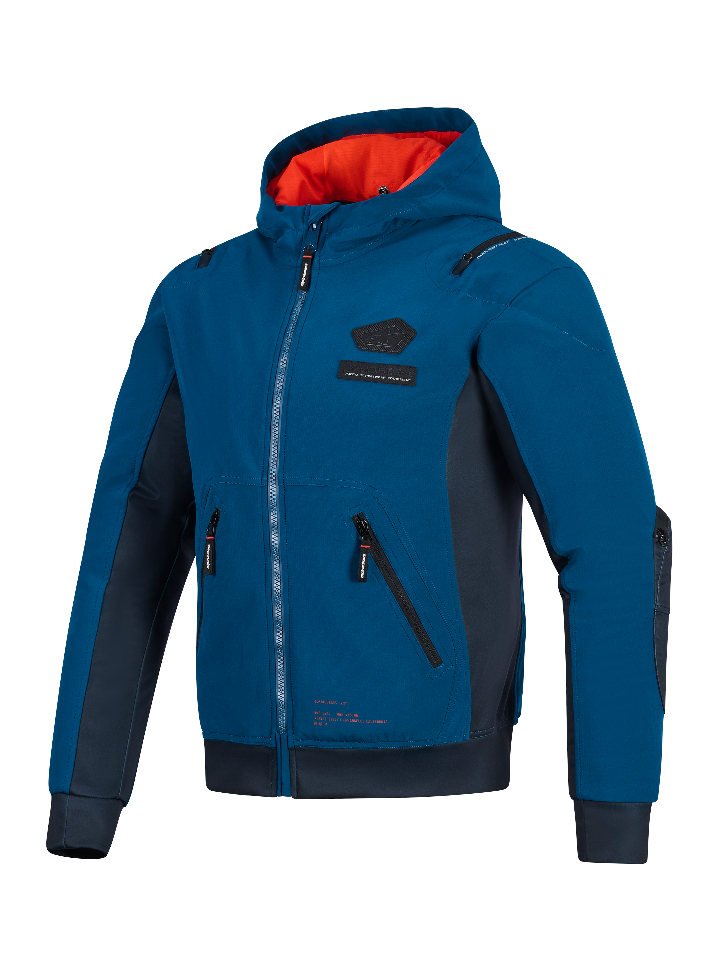 Alpinestars Moblast Waterproof Jacket, Dark Petrol en Dark Navy blauw, urbane motorhoodie met een feloranje voering in de capuchon, technische 3D-zakken en softshell ripstop-constructie voor woon-werkverkeer in alle seizoenen