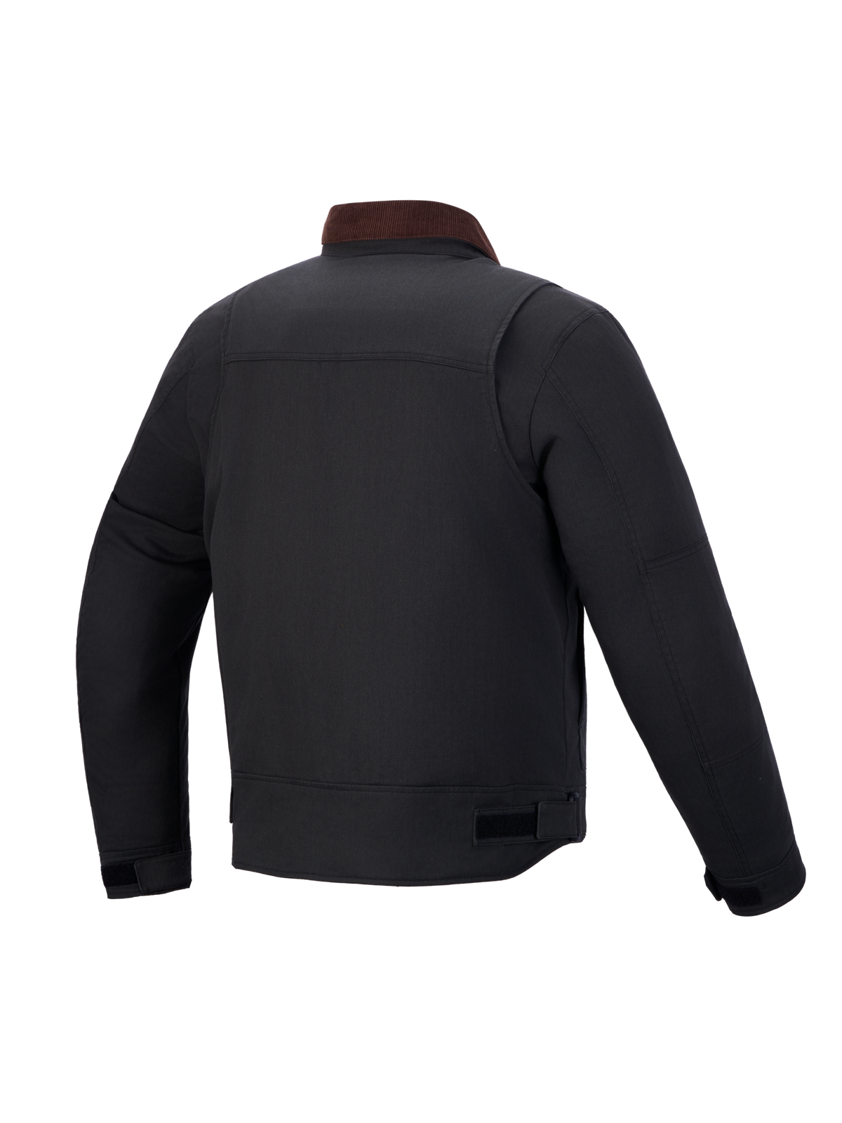Alpinestars Mustang Waterproof Jacket, Men's urban motorcycle textile jacket, Dark Anthracite and Dark Brown, rear view showing workwear-inspired styling with corduroy collar and shoulder gussets