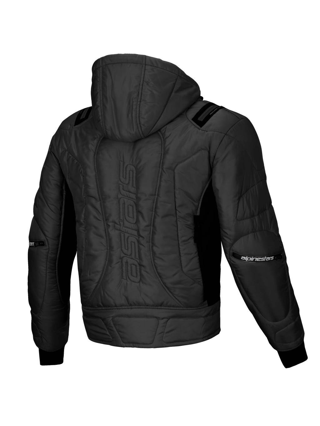Alpinestars Mohobbs Wasserdichte Jacke, urbane Motorrad-Bomberjacke, Schwarz, Rückansicht mit gesteppter Wattierung, integrierter Kapuze und Astars-Schriftzug