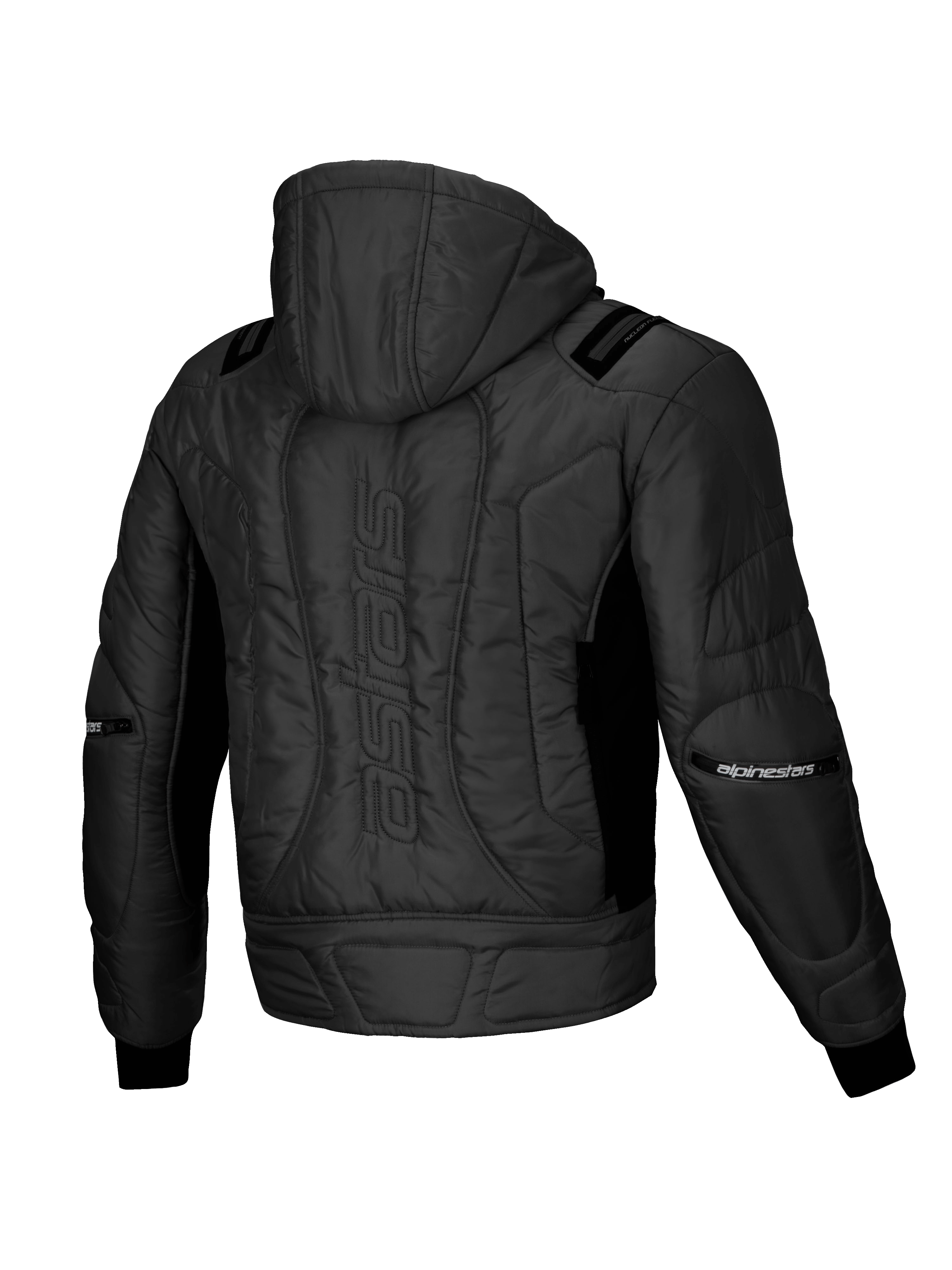 Alpinestars Mohobbs Wasserdichte Jacke, urbane Motorrad-Bomberjacke, Schwarz, Rückansicht mit gesteppter Wattierung, integrierter Kapuze und Astars-Schriftzug