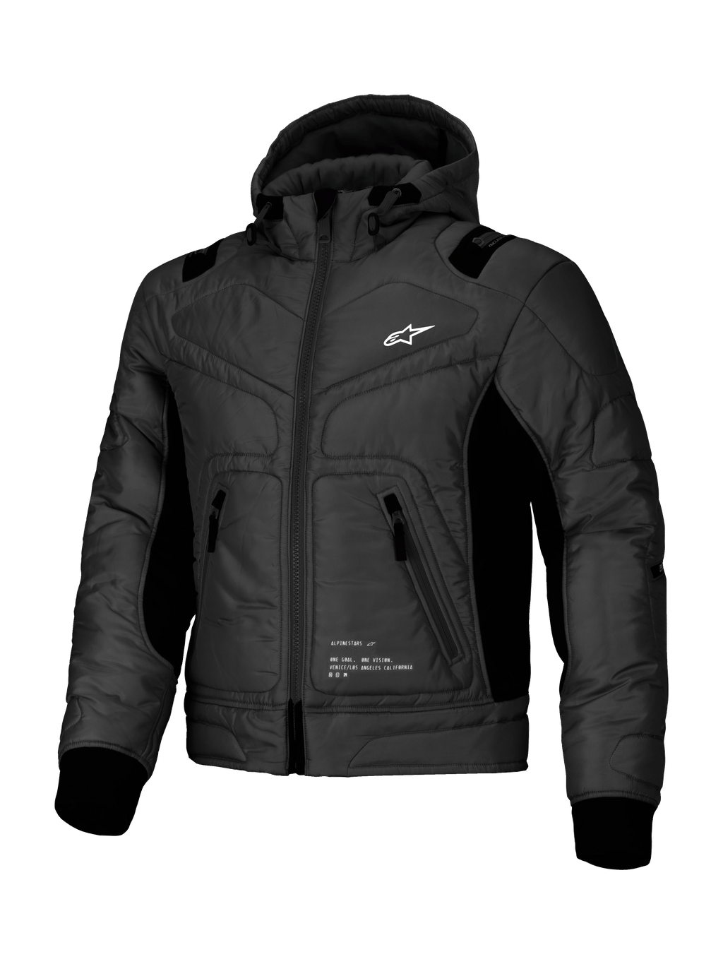 Alpinestars Mohobbs Wasserdichte Jacke, urbane Motorrad-Bomberjacke in Schwarz mit gesteppter Poly-Konstruktion, integrierter Kapuze und CE-zertifiziertem Schutz