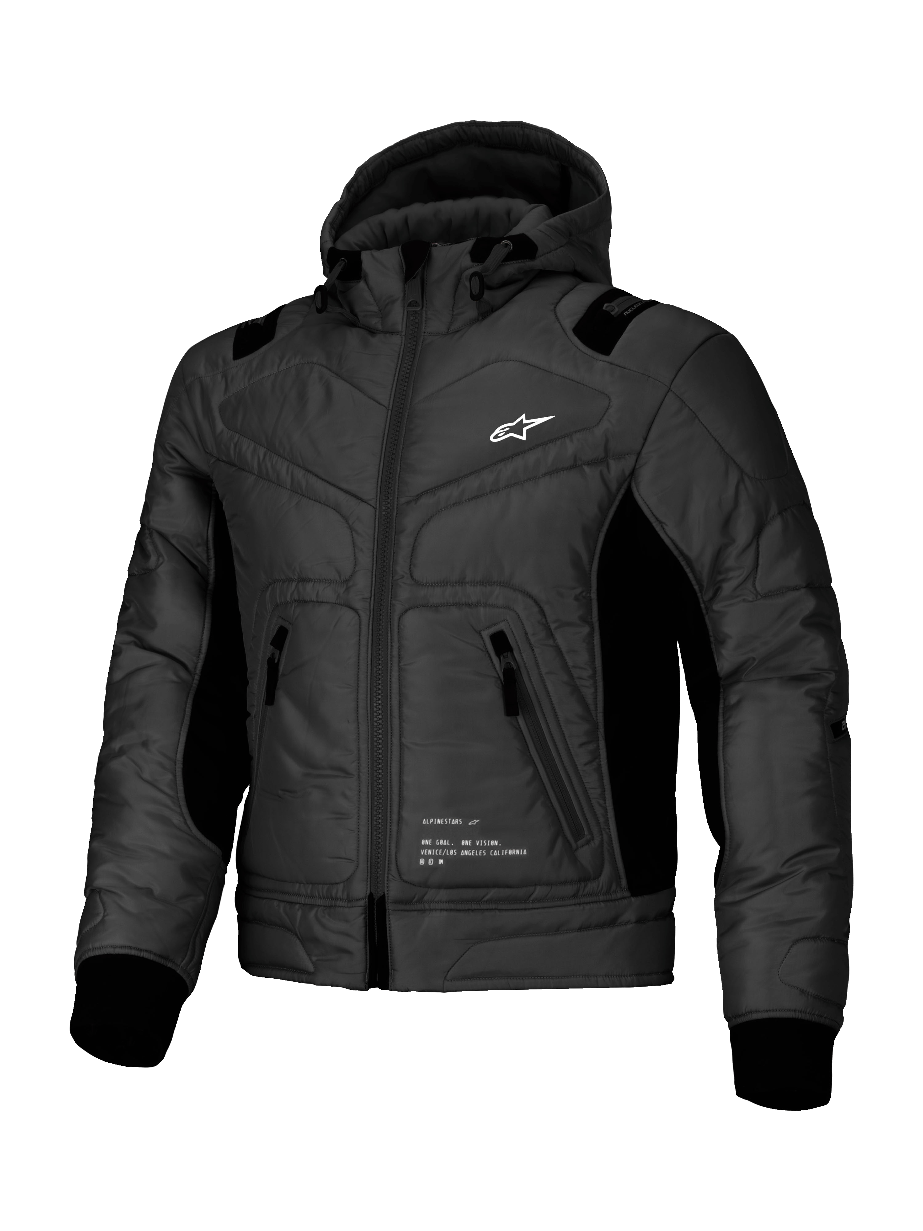 Alpinestars Mohobbs Wasserdichte Jacke, urbane Motorrad-Bomberjacke in Schwarz mit gesteppter Poly-Konstruktion, integrierter Kapuze und CE-zertifiziertem Schutz