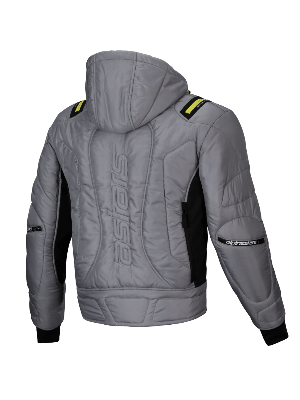 Alpinestars Mohobbs Waterproof Jacket, urban motorcycle bomber jacket with hood, Men's Lunar Gray and Lime Punch, featuring quilted padding and astars back wordmark