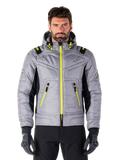 Alpinestars Mohobbs wasserdichte Jacke, urbane Motorradjacke, Lunar Gray mit Akzenten in Lime Punch, gestepptes Bomber-Design mit Kapuze, leuchtend gelbe Reißverschlüsse und schwarze Seiteneinsätze, von Streetwear inspirierte schützende Fahrerausrüstung
