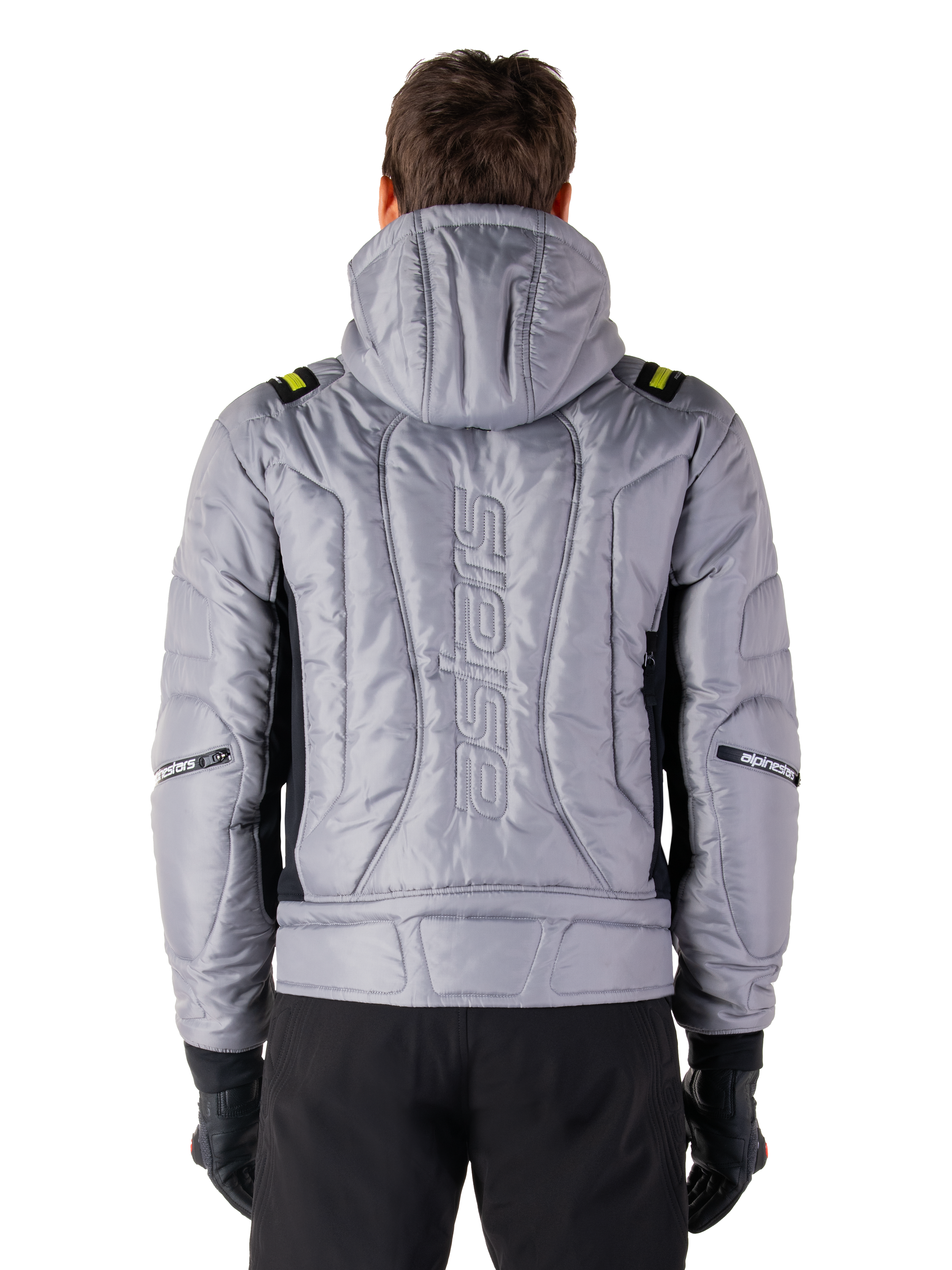 Alpinestars Mohobbs Wasserdichte Jacke, Rückansicht, Lunar Gray mit Lime Punch Akzenten, gesteppte wattierte Konstruktion mit vertikalem astars Schriftzug, Kapuzen-Bomberjacke für urbane Motorradfahrten