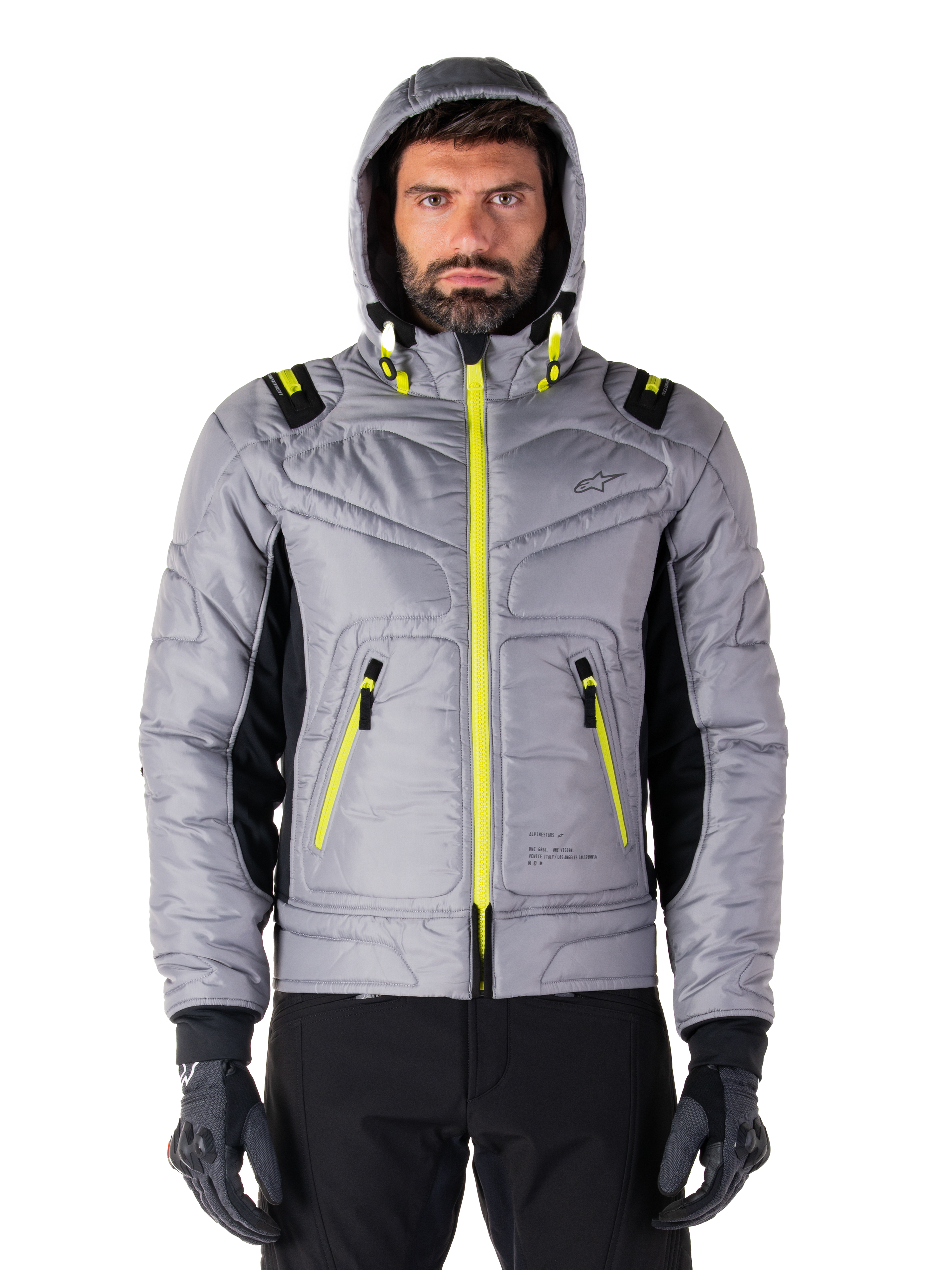 Alpinestars Mohobbs Wasserdichte Jacke, Motorrad-Bomberjacke, Lunar Gray und Lime Punch, gestepptes Design mit leuchtend neongelben Reißverschlüssen und Kapuzen-Akzenten, moderne urbane Moto-Streetwear