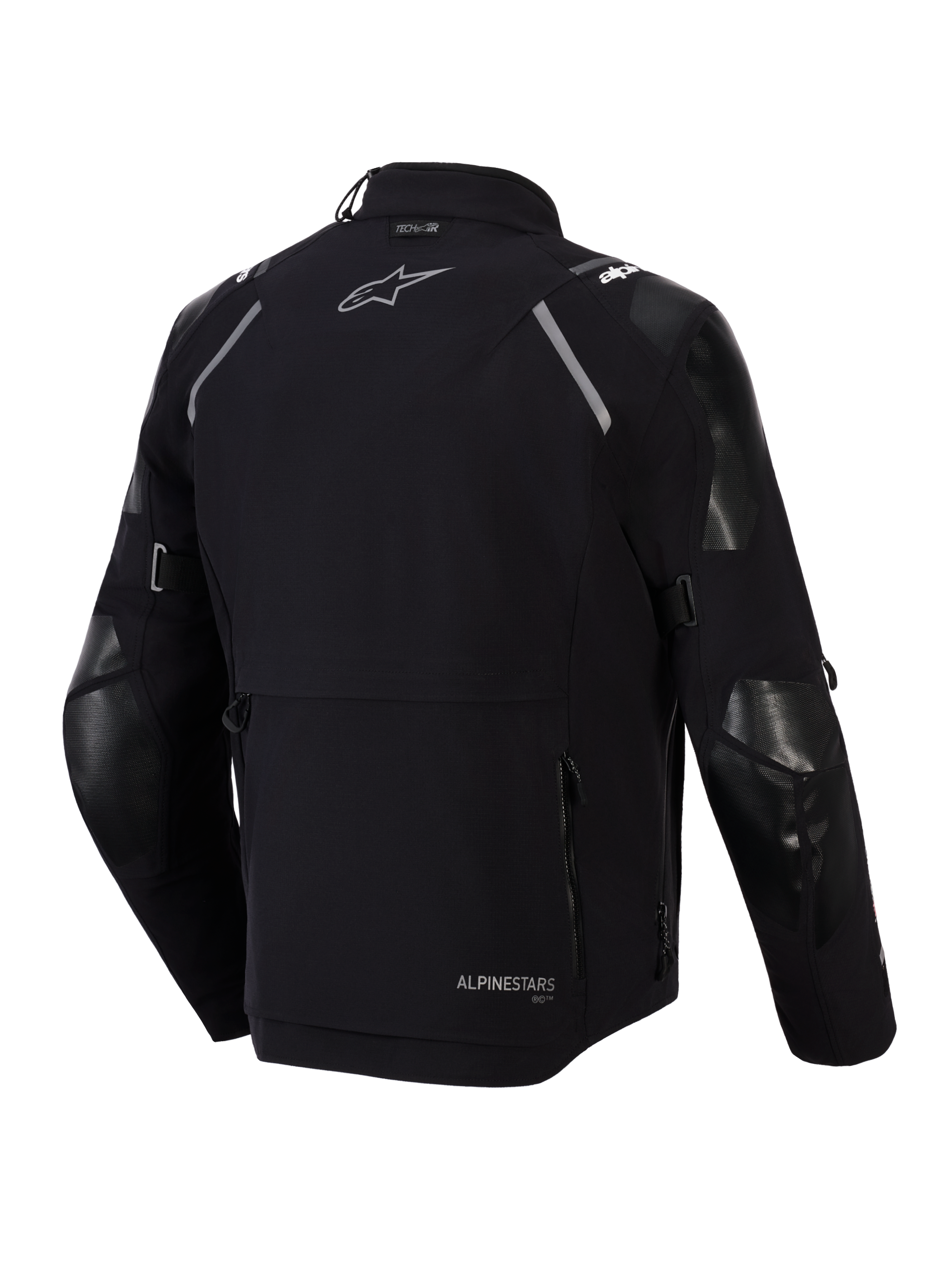 Alpinestars Andes Pro Drystar® XF Jacket, Rear View, Black and Dark Gray, Adventure Touring Textile Jacket featuring a large rear storage pocket, reflective shoulder accents, Alpinestars logo, and Tech-Air® compatibility branding.