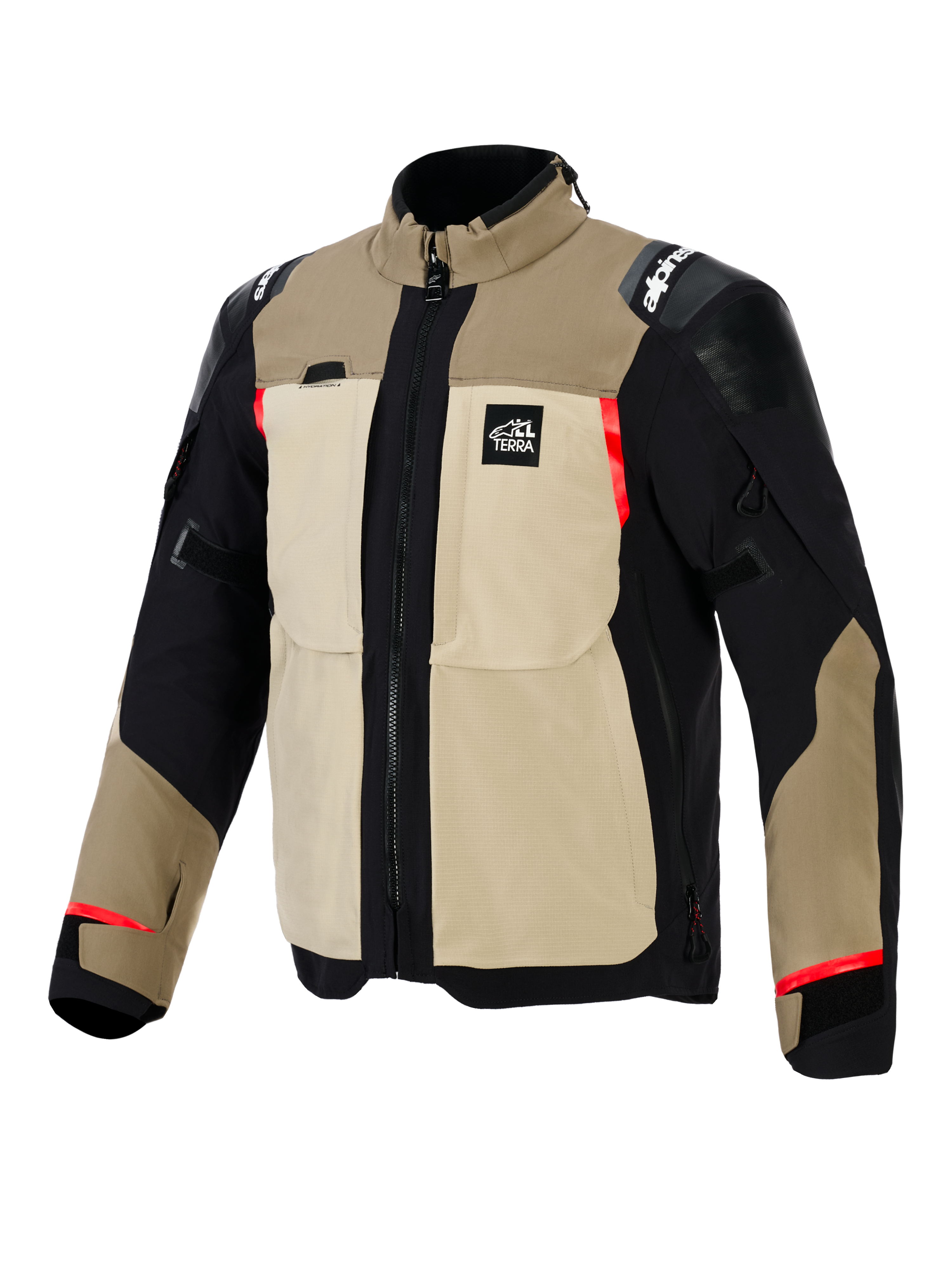 Alpinestars Andes Pro Drystar® XF Jacke, Adventure-Motorradjacke, Farbkombination Walnut und Aluminum, hellbraune und schwarze Textilkonstruktion mit roten Akzenten, große Utility-Brusttaschen, „All Terra“-Brustlogo und verstärkte Schulterpaneele.