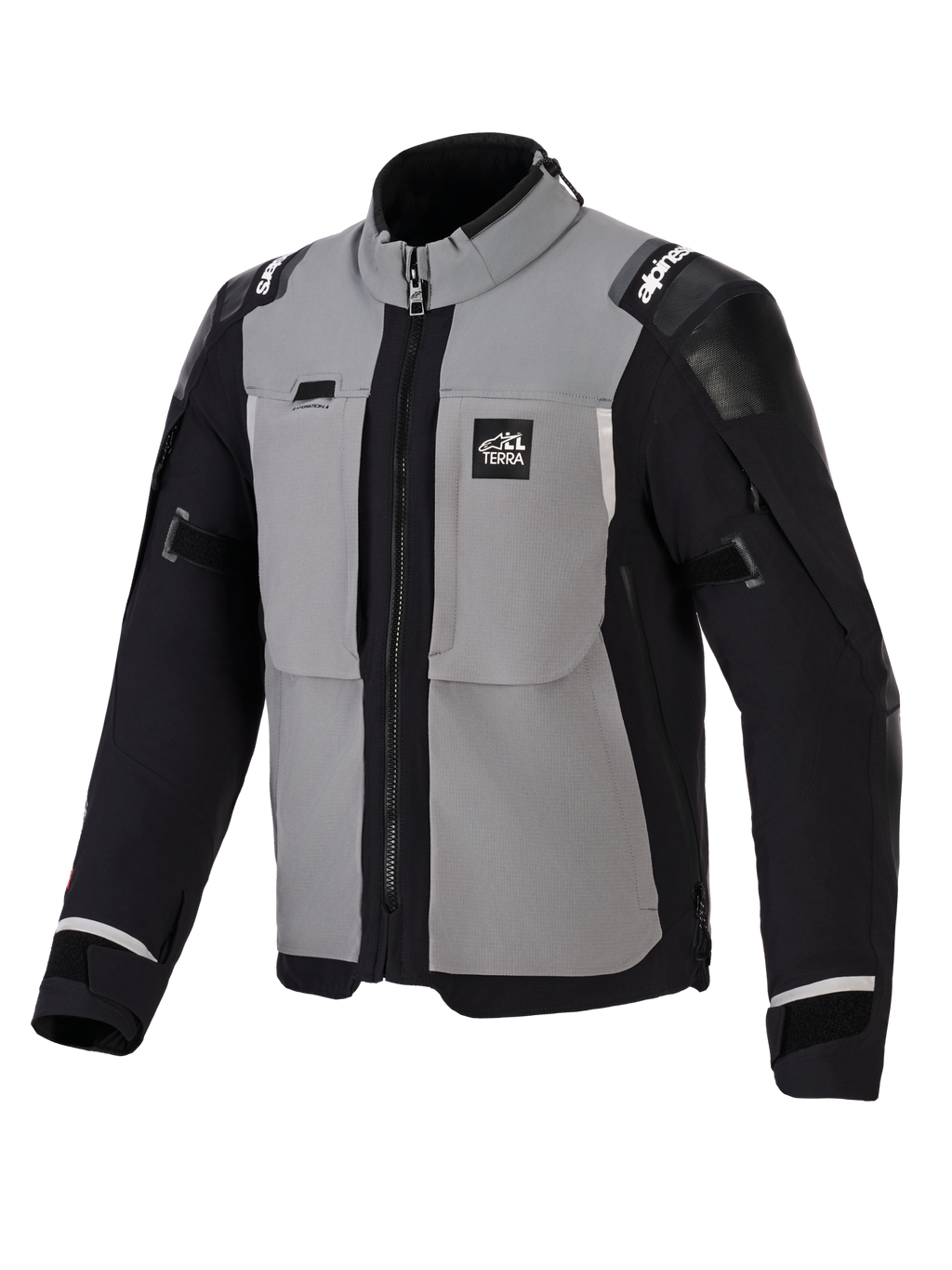 Alpinestars Andes Pro Drystar® XF Jacke, Adventure-Motorradjacke, Dunkelgrau und Schwarz, mit grauen Brusteinsätzen sowie schwarzen Ärmeln und Seiten, 'ALL TERRA'-Branding auf der Brust, Alpinestars-Logo auf den Schultern, technische Textilkonstruktion mit Belüftungsreißverschlüssen und verstellbaren Ärmelbündchen.