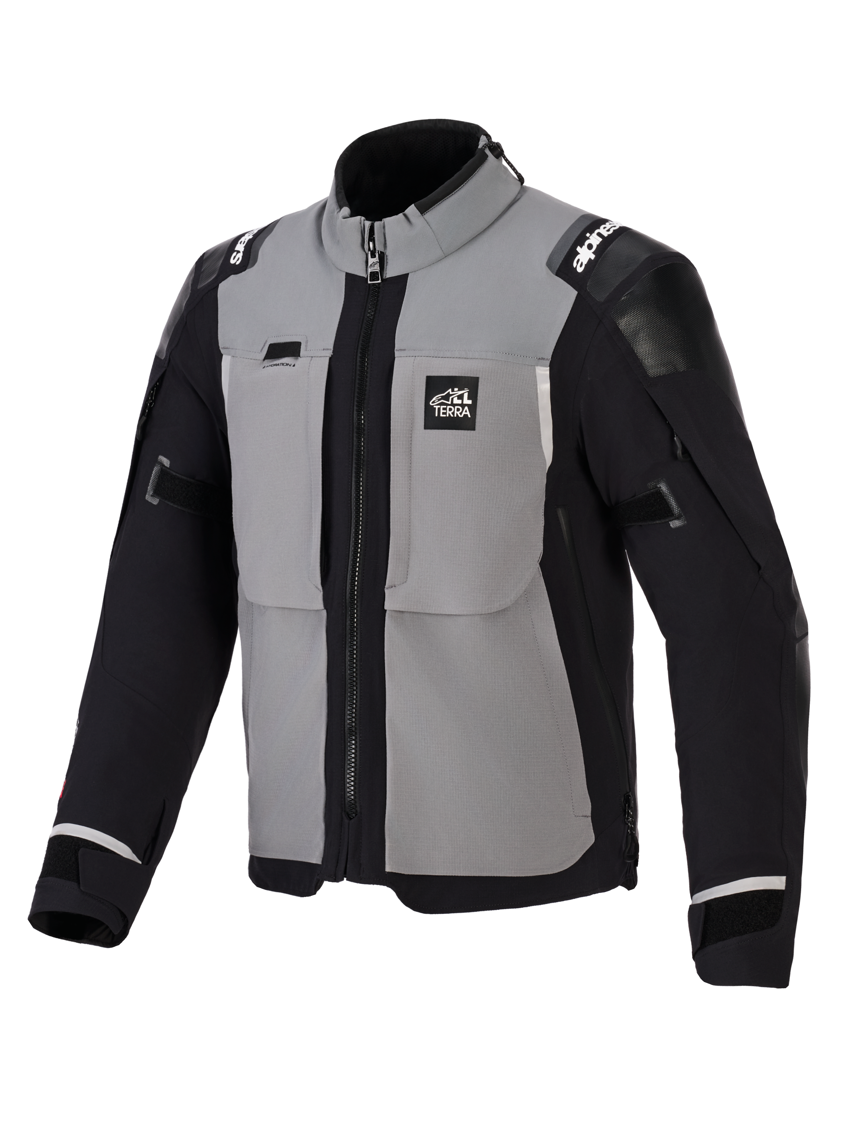 Alpinestars Andes Pro Drystar® XF Jacke, Adventure-Motorradjacke, Dunkelgrau und Schwarz, mit grauen Brusteinsätzen sowie schwarzen Ärmeln und Seiten, 'ALL TERRA'-Branding auf der Brust, Alpinestars-Logo auf den Schultern, technische Textilkonstruktion mit Belüftungsreißverschlüssen und verstellbaren Ärmelbündchen.