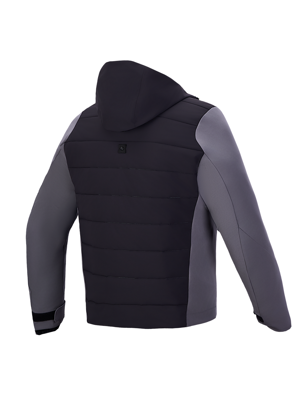 Alpinestars Therma-Tech Waterproof Jacket, stedelijke motorjas met geïntegreerde capuchon, achteraanzicht, zwart en donkergrijs, waterdichte donsconstructie, CE-gecertificeerd klasse A
