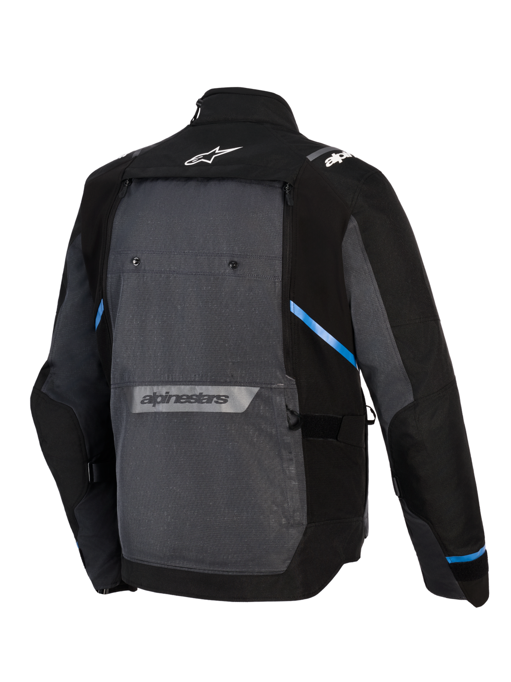 Alpinestars Cusco Drystar® Jacket, veste de moto Adventure Touring, noir et gris foncé, vue arrière montrant un large panneau arrière gris, accents bleus, logos Alpinestars en haut et en bas du dos, et construction en textile ripstop durable