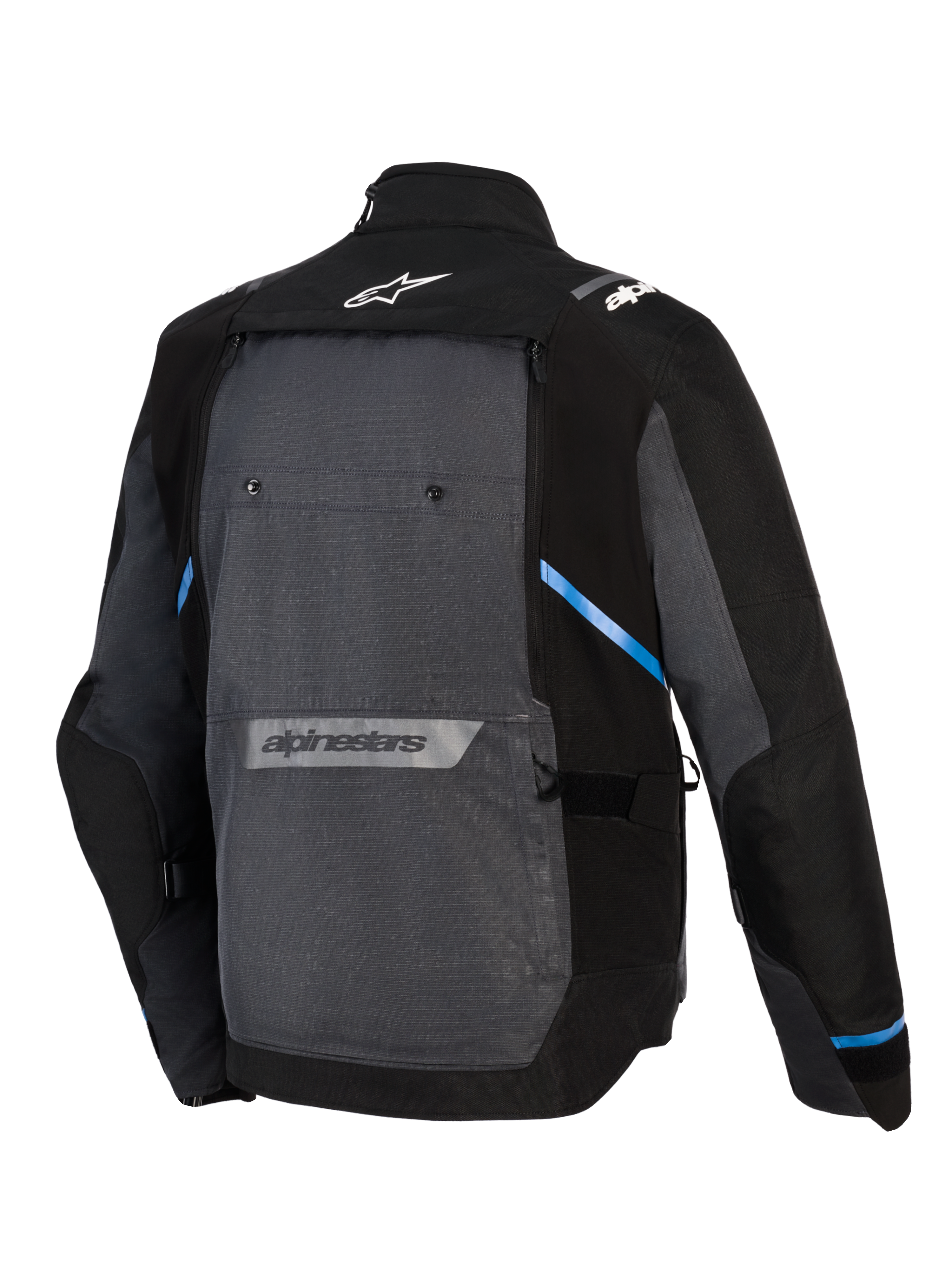 Alpinestars Cusco Drystar® Jacket, veste de moto Adventure Touring, noir et gris foncé, vue arrière montrant un large panneau arrière gris, accents bleus, logos Alpinestars en haut et en bas du dos, et construction en textile ripstop durable