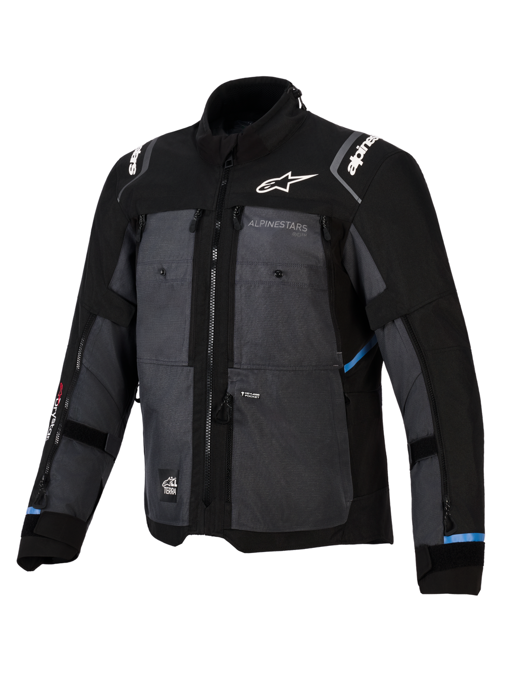 Veste Alpinestars Cusco Drystar®, veste adventure touring, noir et gris foncé, dotée de panneaux en textile ripstop, marquage Alpinestars blanc sur la poitrine et les épaules, multiples fermetures éclair de ventilation et accents bleu clair