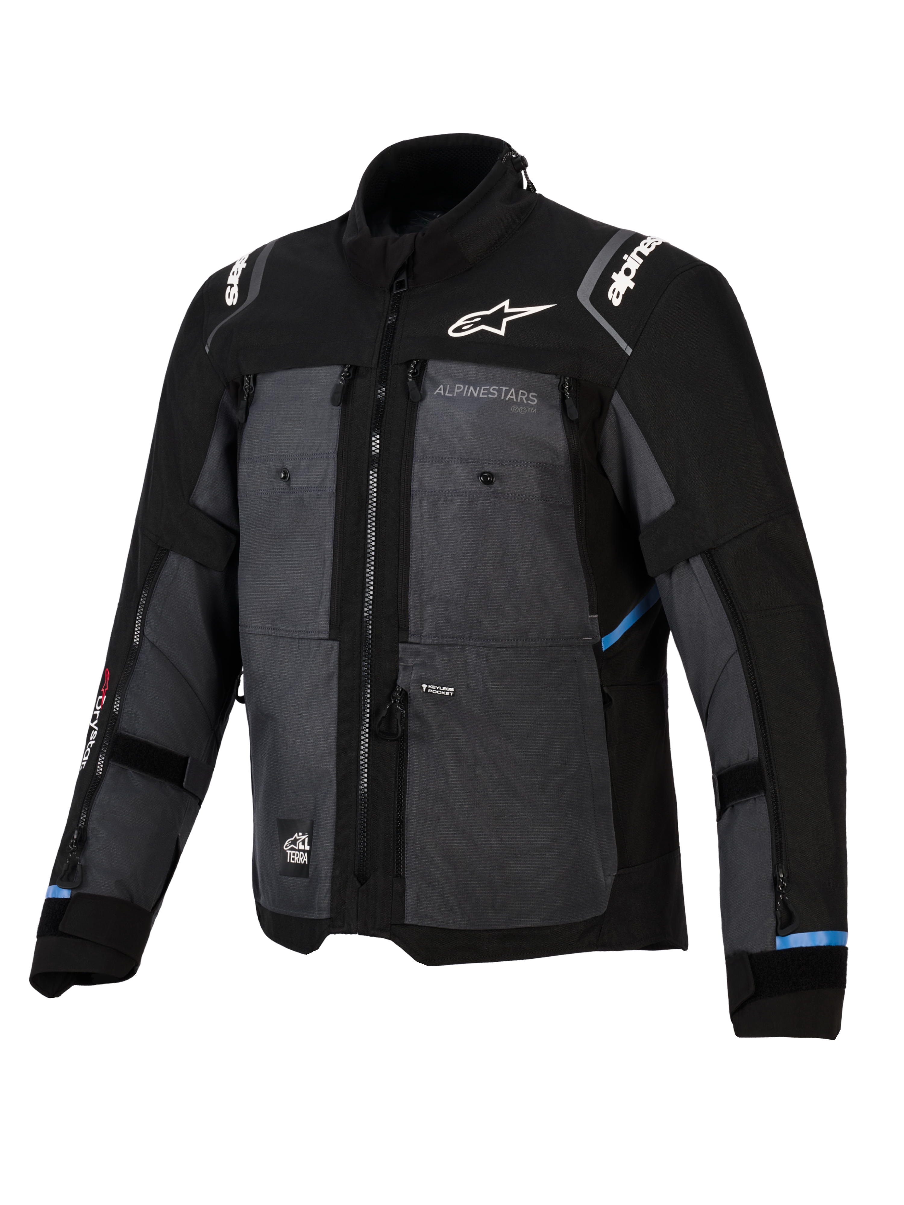 Veste Alpinestars Cusco Drystar®, veste adventure touring, noir et gris foncé, dotée de panneaux en textile ripstop, marquage Alpinestars blanc sur la poitrine et les épaules, multiples fermetures éclair de ventilation et accents bleu clair