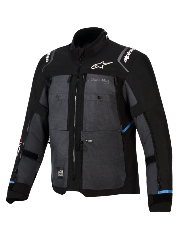Alpinestars Cusco Drystar® Jacket, Adventure Touring Jacket, Black and Deep Gray, featuring ripstop textile panels, white Alpinestars branding on the chest and shoulders, multiple ventilation zippers, and light blue accents.