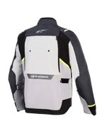 Veste Alpinestars Cusco Drystar®, veste de moto, Gris Glace, Gris Moyen et Gris Foncé, vue arrière avec panneaux textiles multi-tons, accents jaune fluo, large panneau de ventilation au dos et logo Alpinestars blanc sur le col et le bas du dos