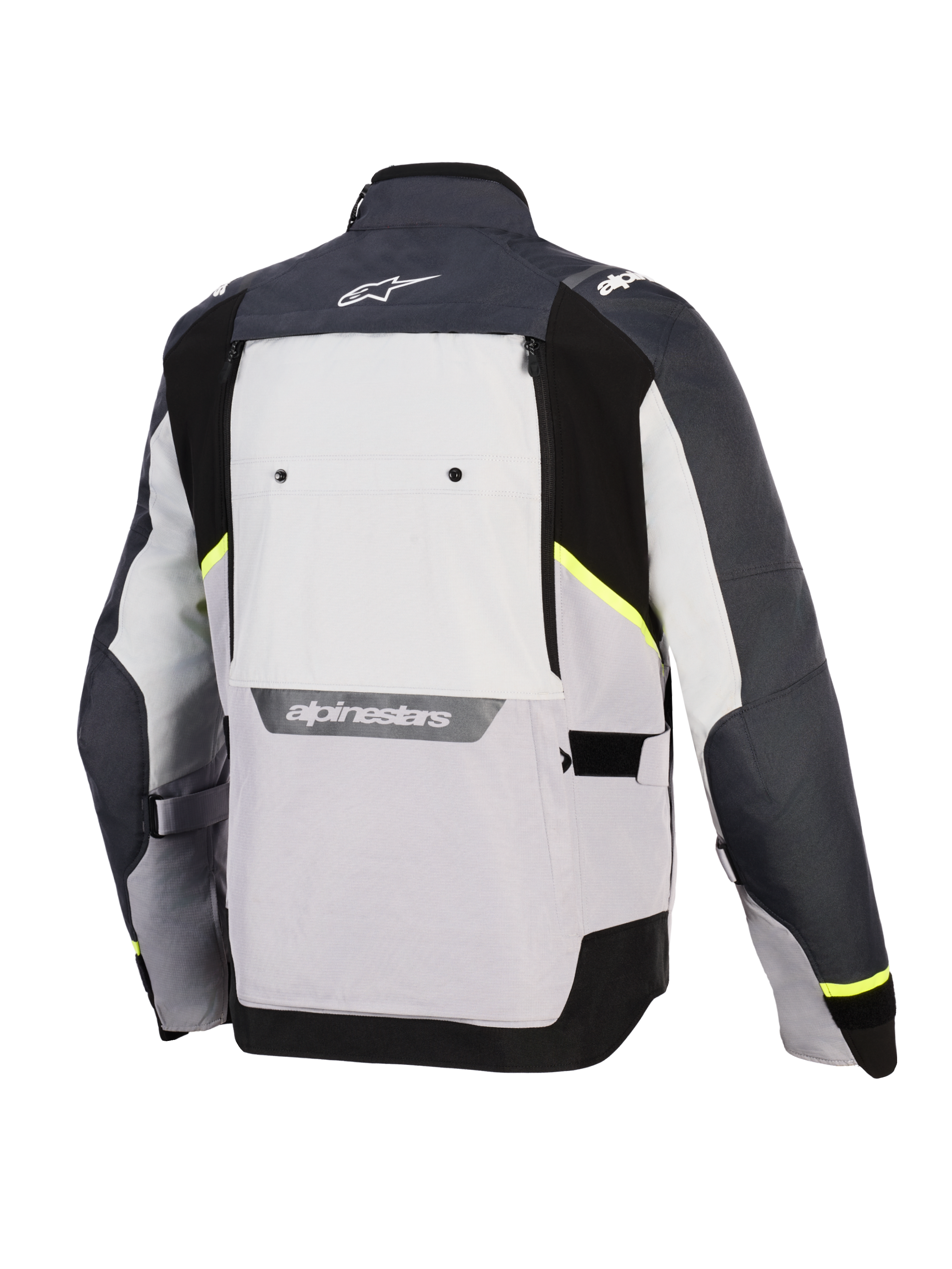 Veste Alpinestars Cusco Drystar®, veste de moto, Gris Glace, Gris Moyen et Gris Foncé, vue arrière avec panneaux textiles multi-tons, accents jaune fluo, large panneau de ventilation au dos et logo Alpinestars blanc sur le col et le bas du dos