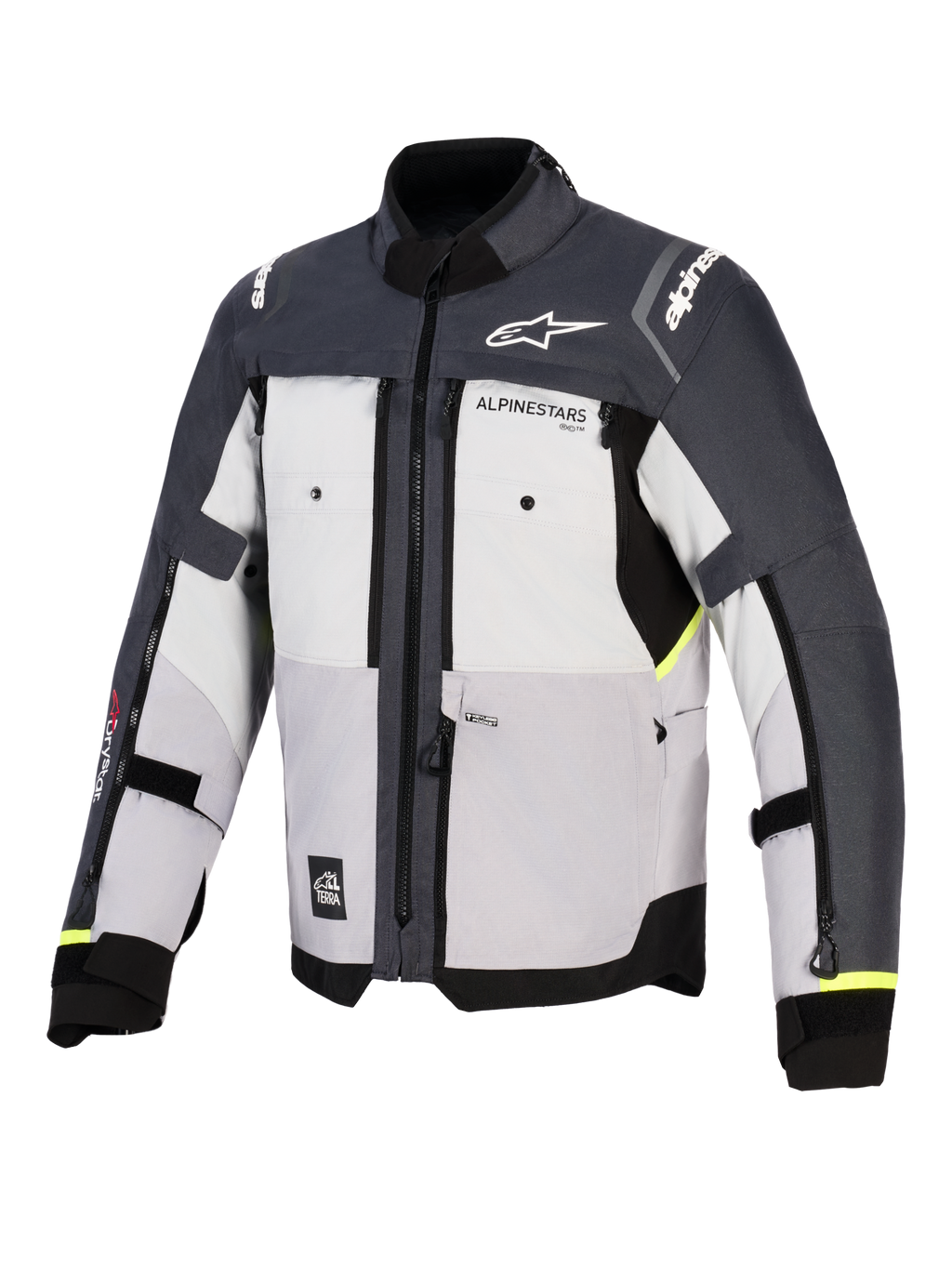 Veste Alpinestars Cusco Drystar®, veste de moto d'aventure, Gris Glace, Gris Moyen et Gris Foncé, vue de face avec construction textile multi-panneaux, ventilations de poitrine zippées et logos Alpinestars sur la poitrine et les épaules