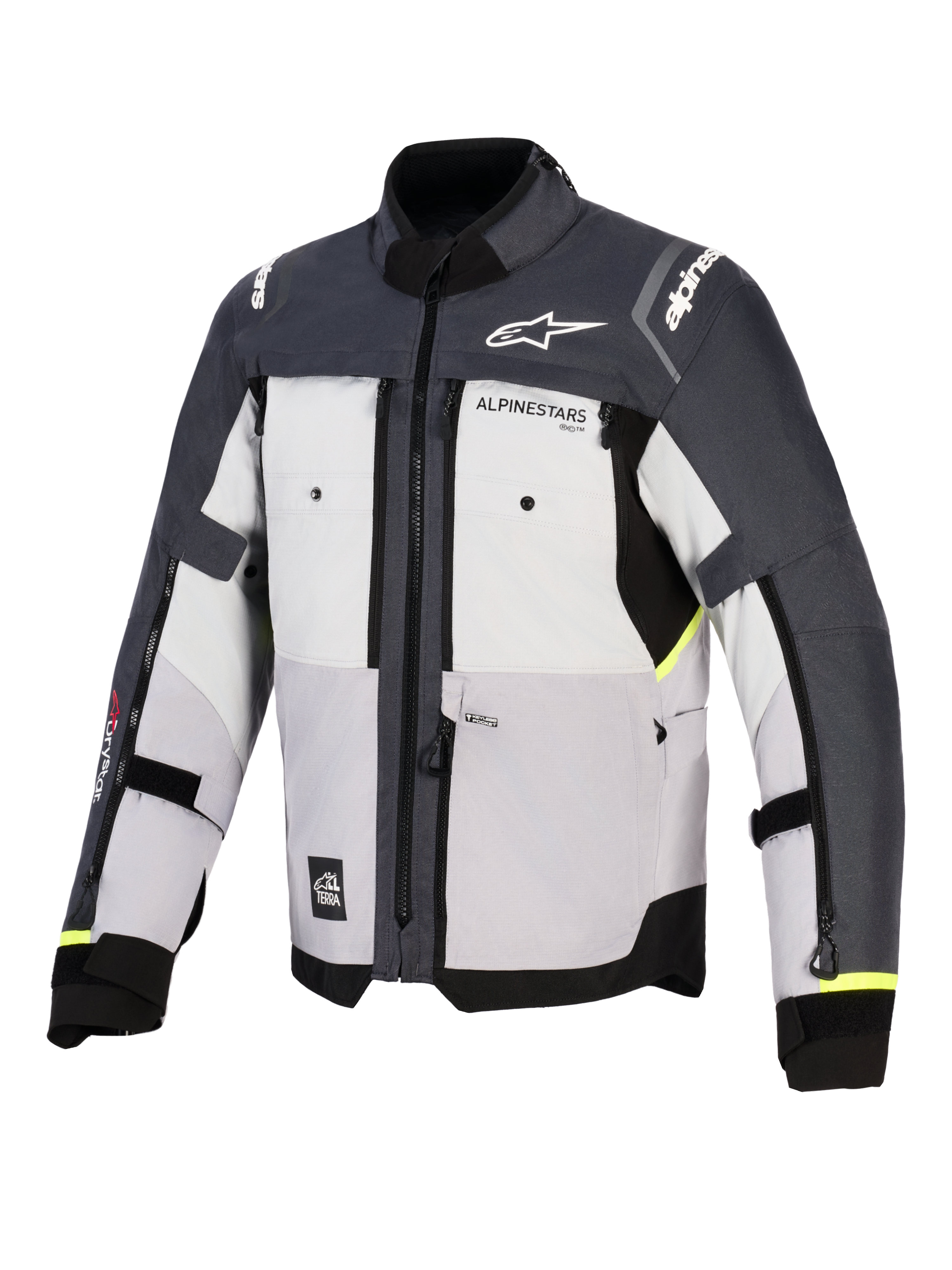 Veste Alpinestars Cusco Drystar®, veste de moto d'aventure, Gris Glace, Gris Moyen et Gris Foncé, vue de face avec construction textile multi-panneaux, ventilations de poitrine zippées et logos Alpinestars sur la poitrine et les épaules