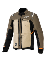 Alpinestars Cusco Drystar® Jacket, Walnut Aluminum Black, adventure touring motorcycle jacket, front three-quarter view, textile construction with tan and brown panels, zippered vents, white Alpinestars logos, and orange accents on the sleeves