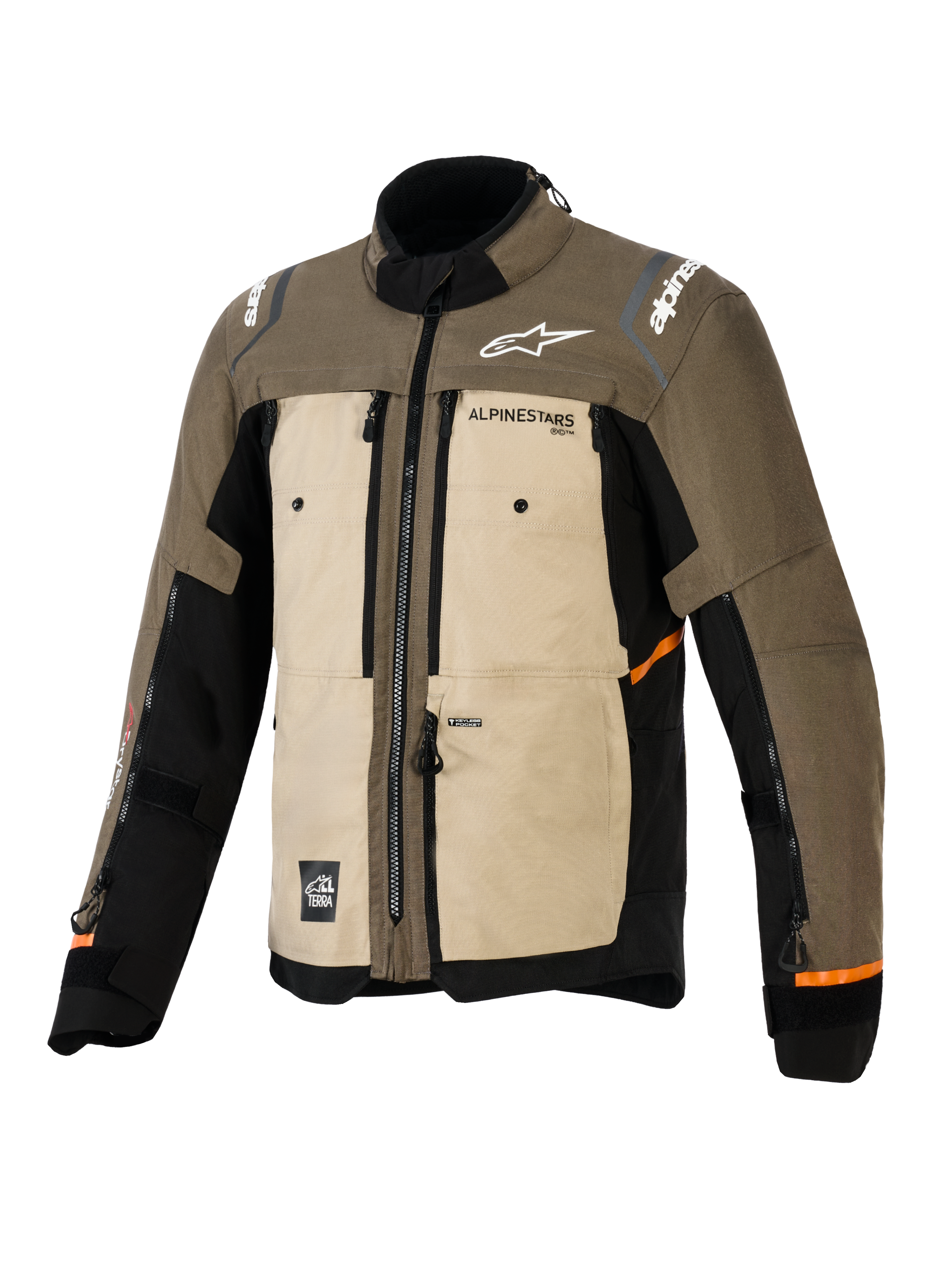 Alpinestars Cusco Drystar® Jacke, Walnut Aluminum Black, Adventure-Touring-Motorradjacke, Front-Dreiviertelansicht, Textilkonstruktion mit beigen und braunen Paneelen, Belüftungsöffnungen mit Reißverschluss, weiße Alpinestars-Logos und orangefarbene Akzente an den Ärmeln