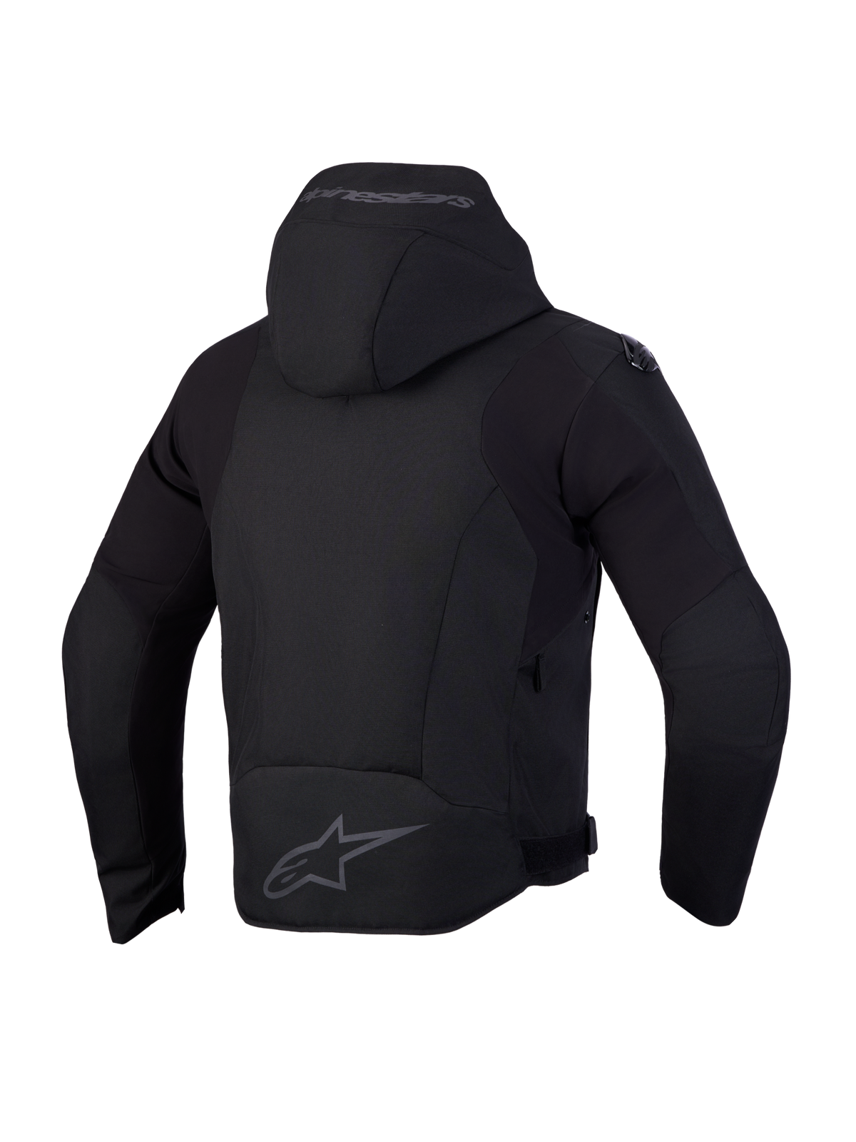 Alpinestars Zaca V 2 Waterproof, veste de moto textile imperméable noire, vue de dos avec capuche intégrée et protections d'épaules