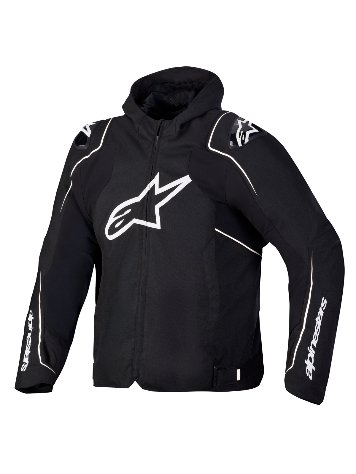 Alpinestars Zaca V2 Waterproof Jacket, motorcycle sport jacket in black and white with an integrated hood, featuring DFS shoulder armor and CE-certified construction