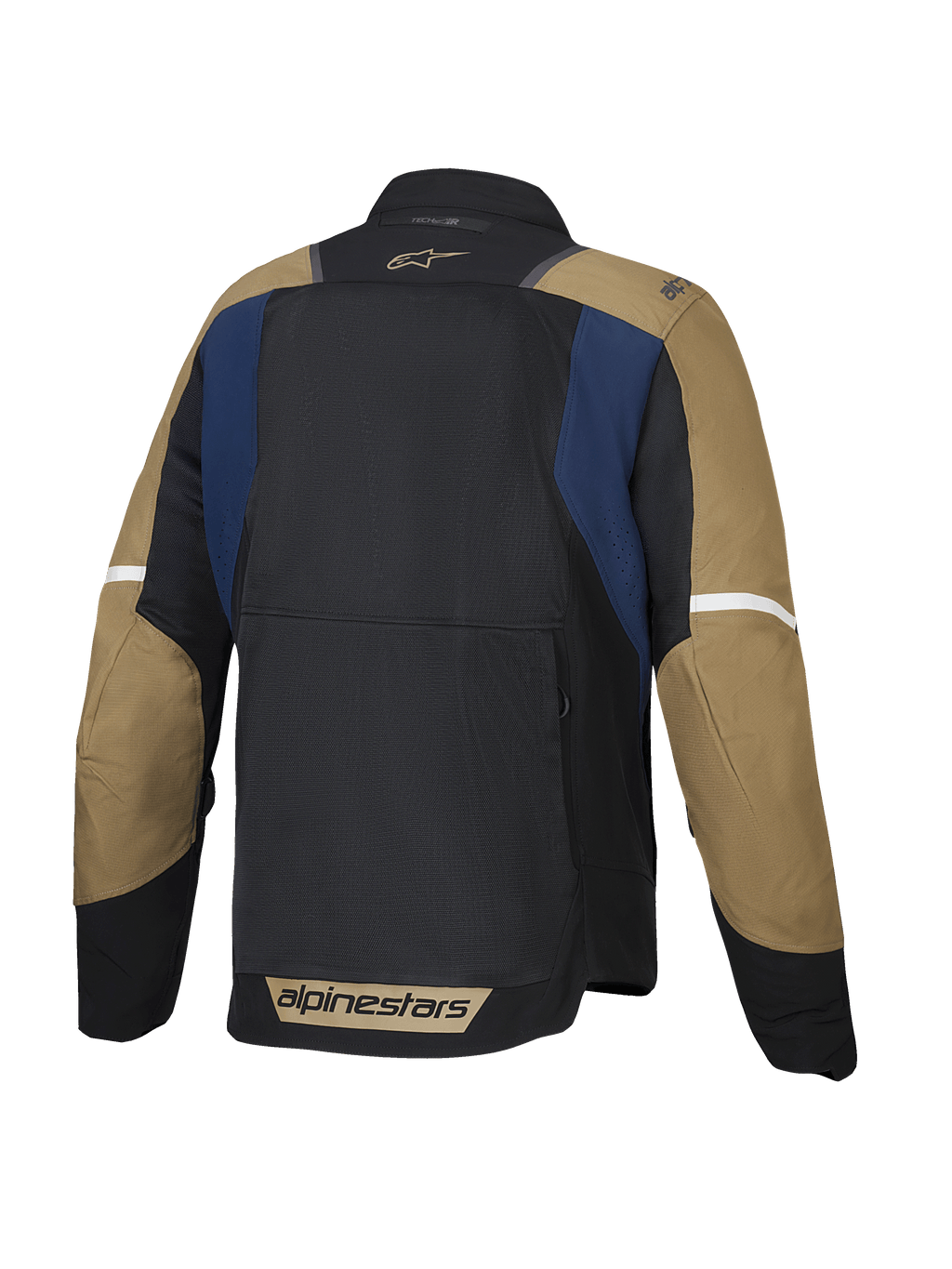 Alpinestars Veste ST-2 Air, blouson de moto touring d'été pour homme, vue de dos montrant les panneaux en mesh ventilé et le bas du dos allongé, bleu, kaki foncé et noir, certifié CE Classe AA et compatible Tech-Air