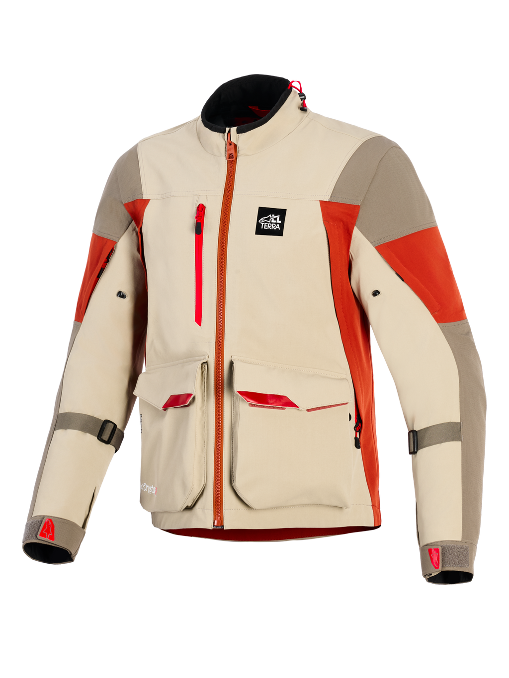 Alpinestars Maxdura Drystar®XF Laminated Armored Shell, Adventure Motorcycle Jacket, Aluminum Walnut and Rust Brown, features large front cargo pockets with red accents, vertical chest zipper, All Terra branding patch, and technical 3-layer laminated construction.