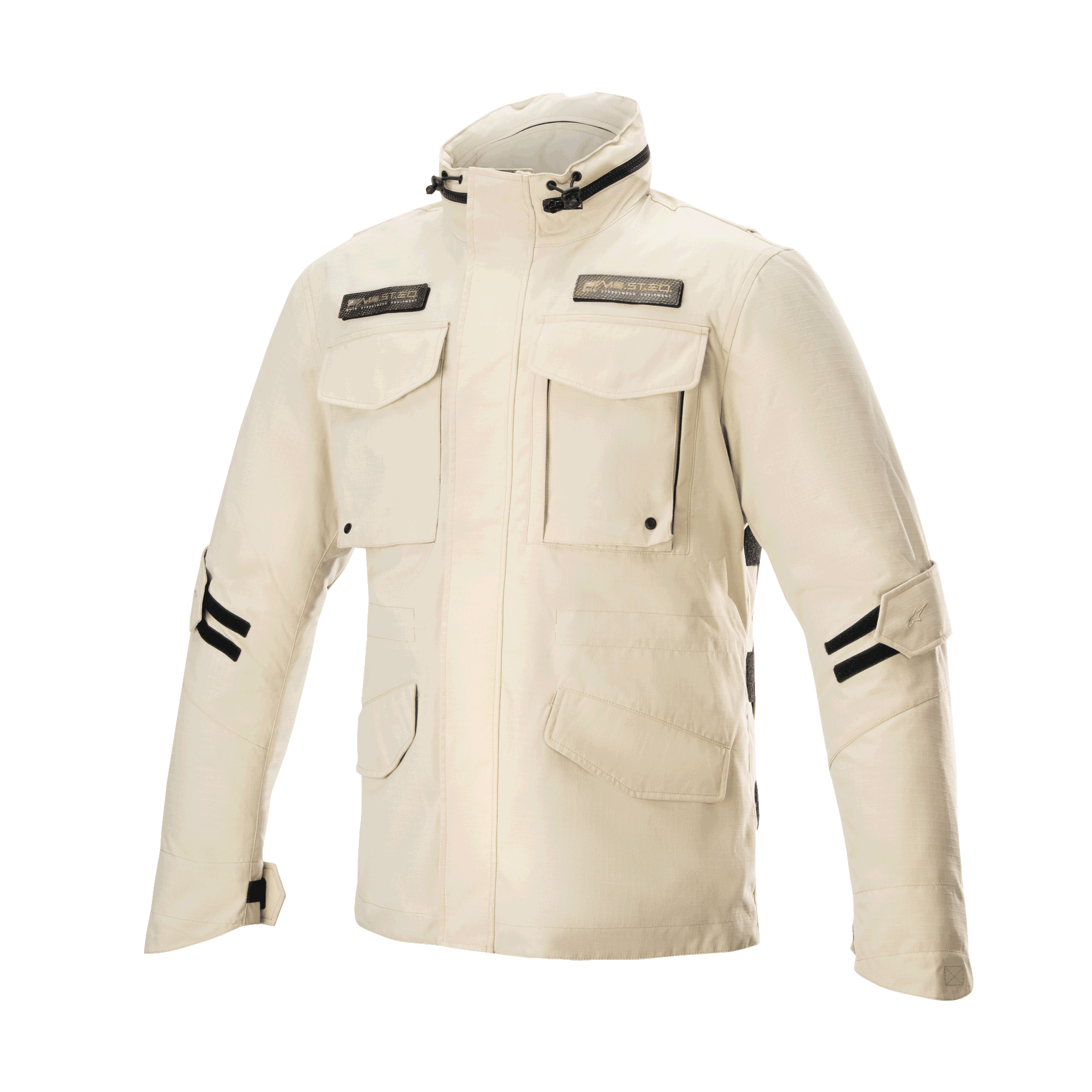 Alpinestars MO.ST.EQ Field Waterproof Primaloft Jacket, Sand Military, urban motorjas met vier zakken met klep aan de voorzijde, hoge kraag en zwarte verstelbare banden op de mouwen, eigentijds streetwear-ontwerp met waterdichte ripstop-constructie