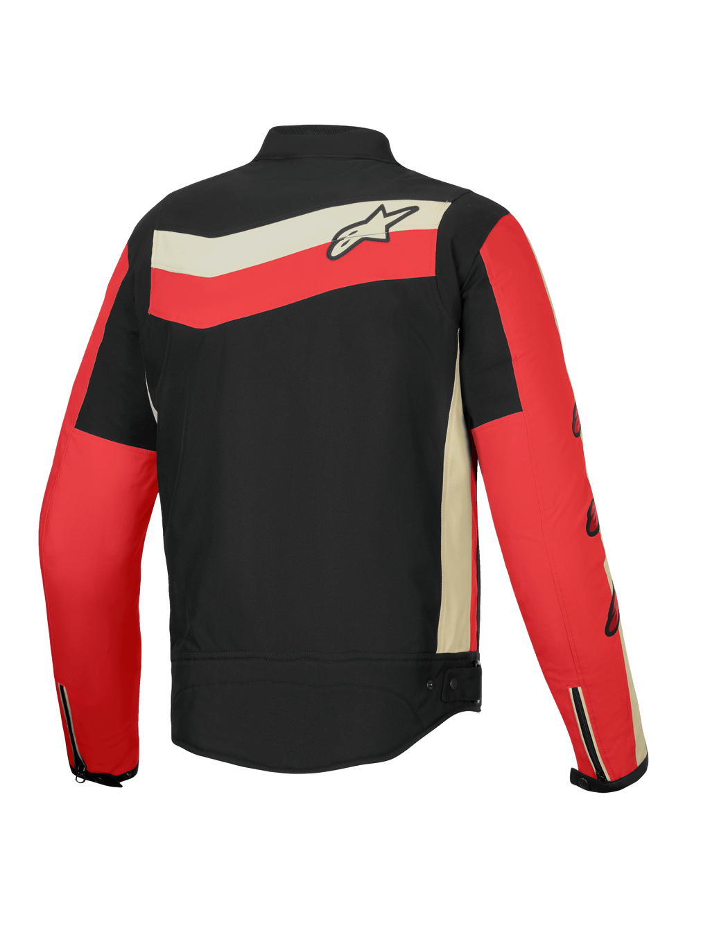 Alpinestars T-Dyno Water Resistant Jacket, men's textile motorcycle riding jacket, back view showing Black, Bright Red, and Ecru colorway with heritage graphics and CE certified protection