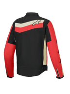 Alpinestars T-Dyno Water Resistant Jacket, men's textile motorcycle riding jacket, back view showing Black, Bright Red, and Ecru colorway with heritage graphics and CE certified protection