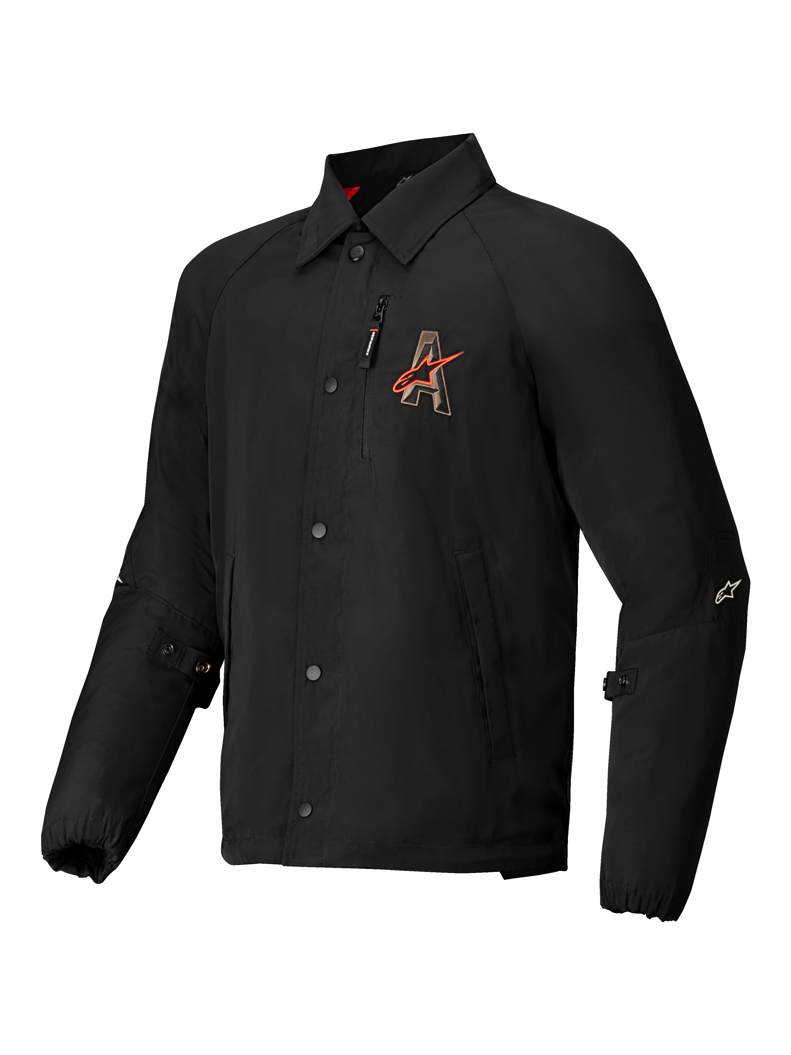 Alpinestars Revved Water Resistant Jacket, urban motorcycle jacket, black satin with contrast embroidery and snap button closure, CE Level A certified with Nucleon Flex Plus protectors