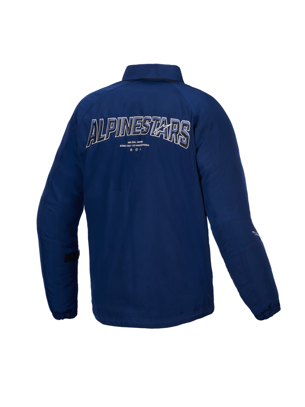Alpinestars Veste Résistante À L’Eau Revved, veste de moto urbaine pour homme, bleue, vue de dos montrant une broderie 3D dynamique, construction en satin résistante à l'eau