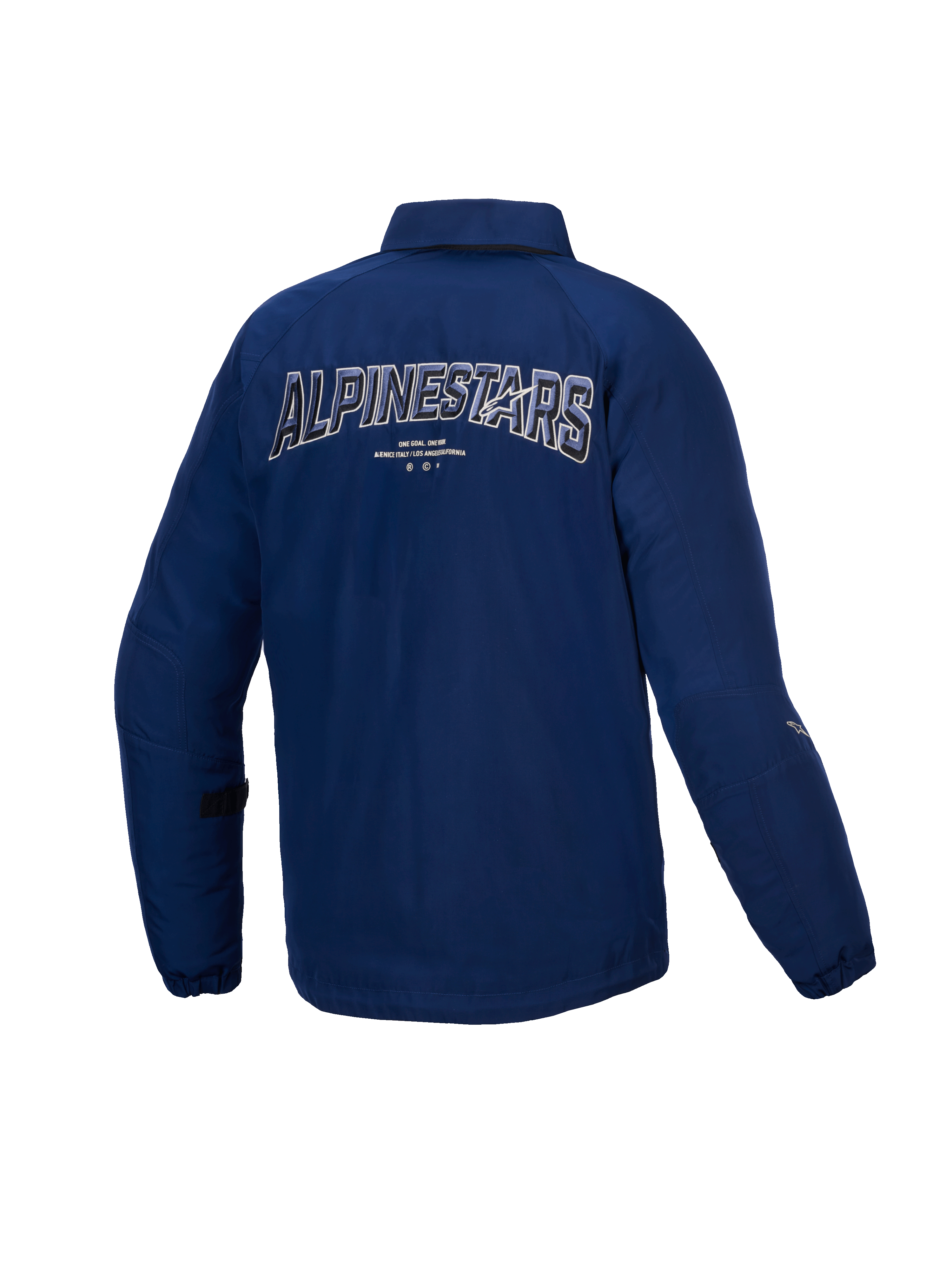 Alpinestars Veste Résistante À L’Eau Revved, veste de moto urbaine pour homme, bleue, vue de dos montrant une broderie 3D dynamique, construction en satin résistante à l'eau
