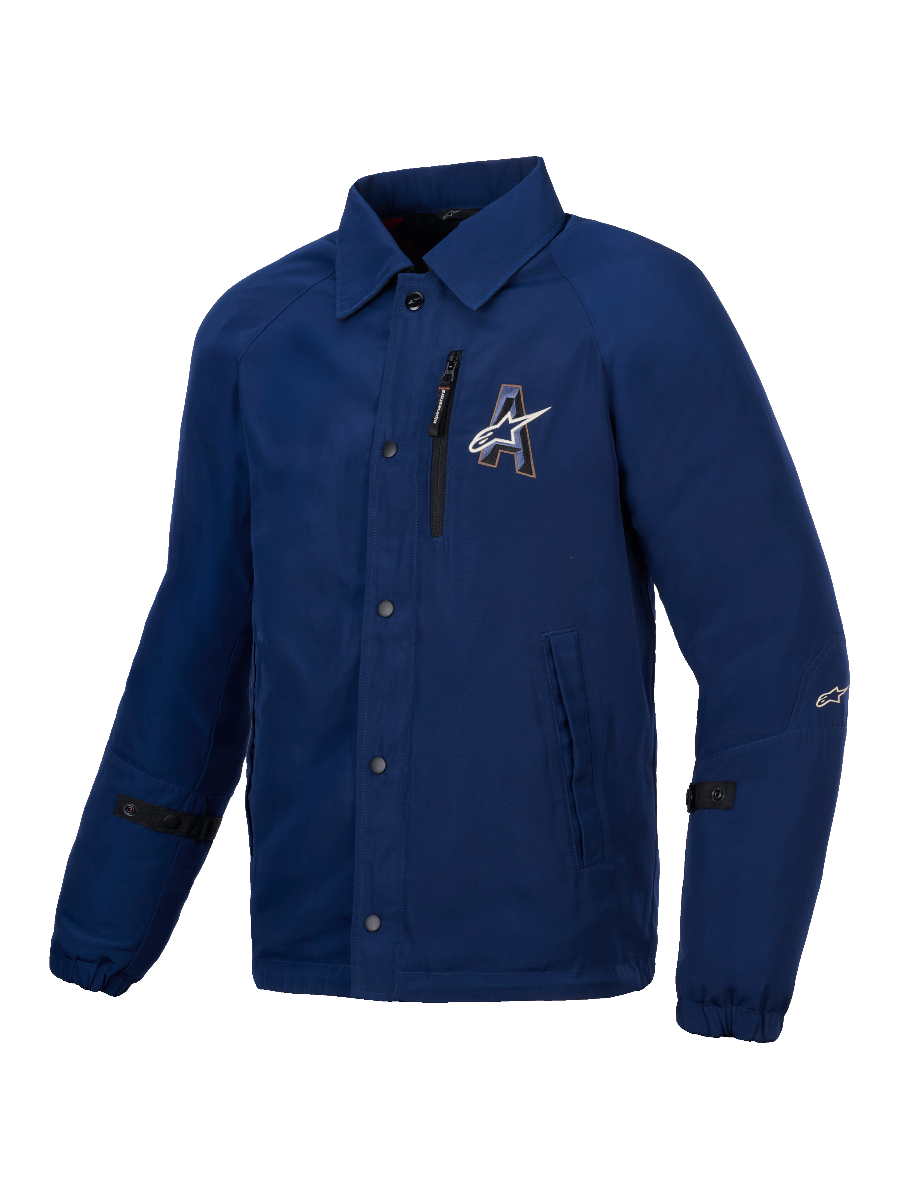 Alpinestars Veste Résistante À L’Eau Revved, veste de moto urbaine bleue avec style coaches jacket, construction en satin résistant à l’eau et certification CE niveau A