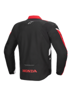 Alpinestars Honda T-Jaws V4 WP Jas, achteraanzicht, zwart met felrode en witte accenten, met een rood Honda-logo op de onderrug en het Alpinestars-sterlogo op de bovenrug, textiele sportieve motorjas met reflecterende details
