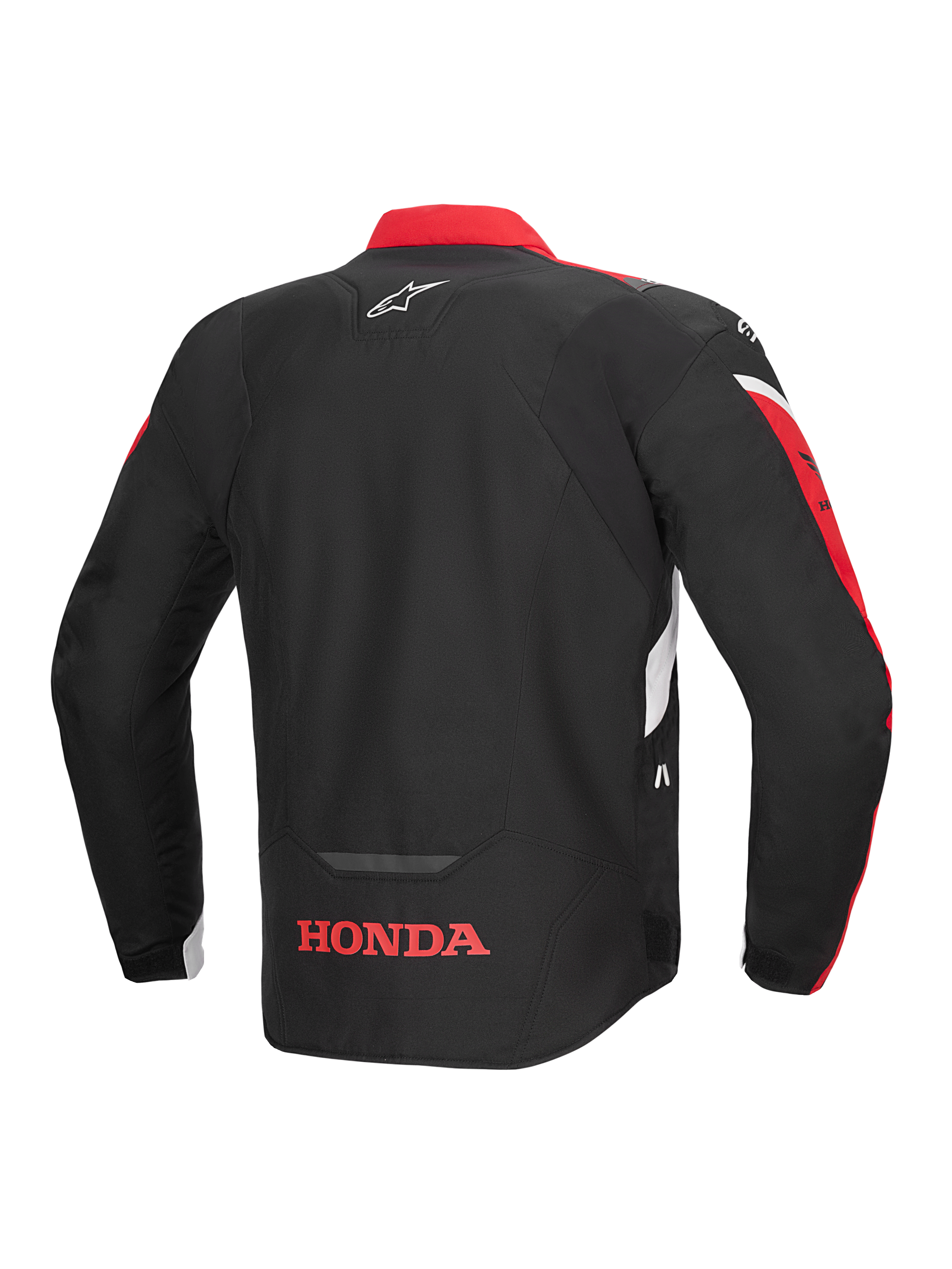 Alpinestars Honda T-Jaws V4 WP Jas, achteraanzicht, zwart met felrode en witte accenten, met een rood Honda-logo op de onderrug en het Alpinestars-sterlogo op de bovenrug, textiele sportieve motorjas met reflecterende details