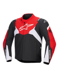 Alpinestars Honda T-Jaws V4 Wp Jacket, technische waterdichte motorjas, zwart, helderrood en wit, met een groot wit Astar-logo op de borst en Honda-branding op de mouwen, sportief ontwerp met hoge kraag en ritssluiting