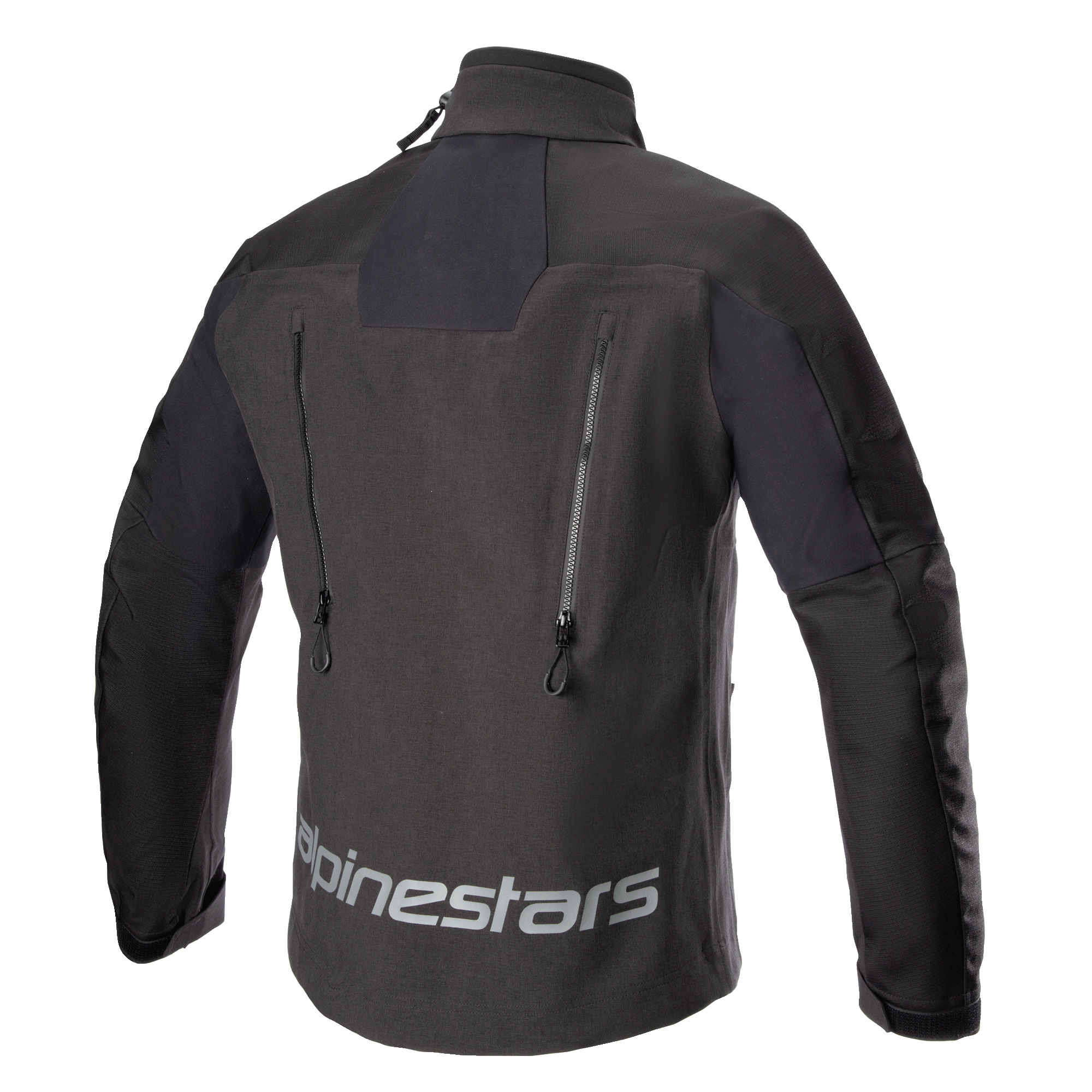 Alpinestars Hyde XT Drystar® XF Jas, motorjas, zwart, achteraanzicht met een groot reflecterend Alpinestars-logo op de onderrug, dubbele verticale ventilatieopeningen met ritsen en getextureerde ripstop-panelen