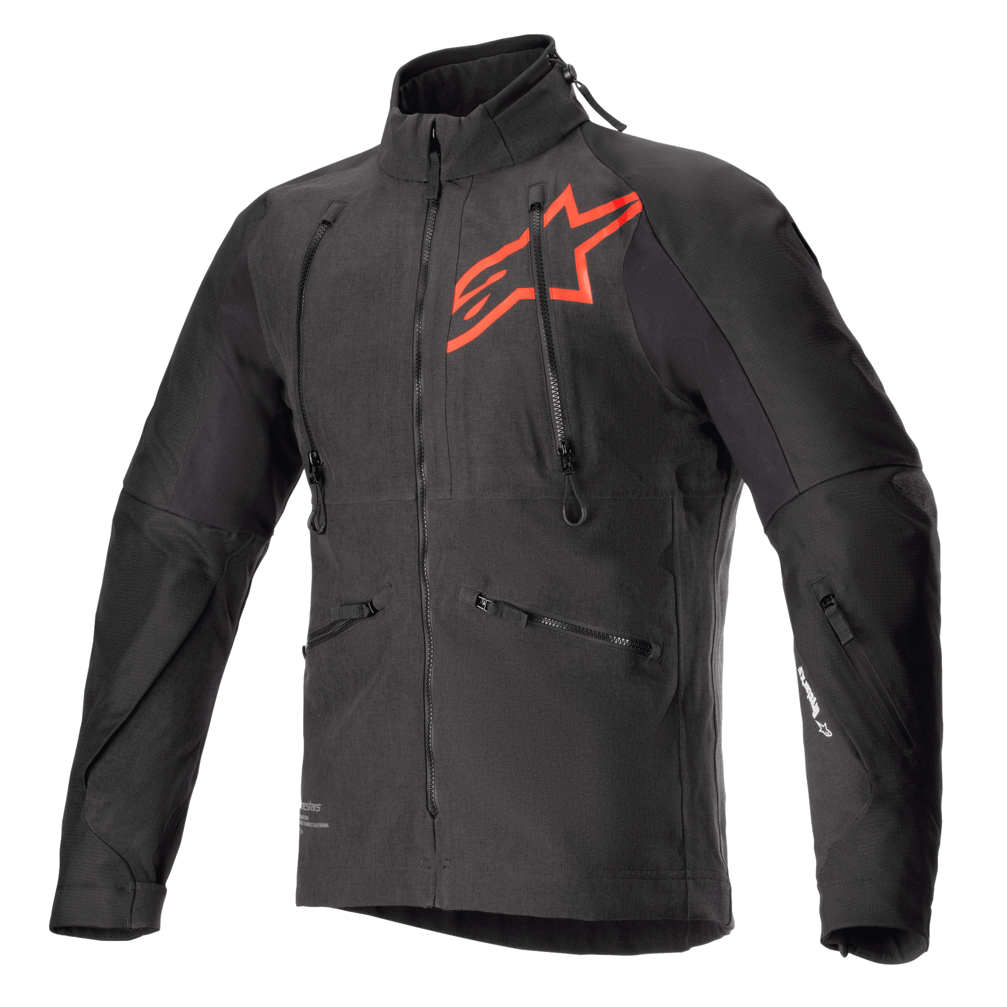 Alpinestars Hyde XT Drystar XF Jacket, Black and Bright Red technical motorcycle jacket, large red star logo on the chest, vertical chest ventilation zippers, high collar, textured four-way stretch fabric, designed for adventure and off-road riding