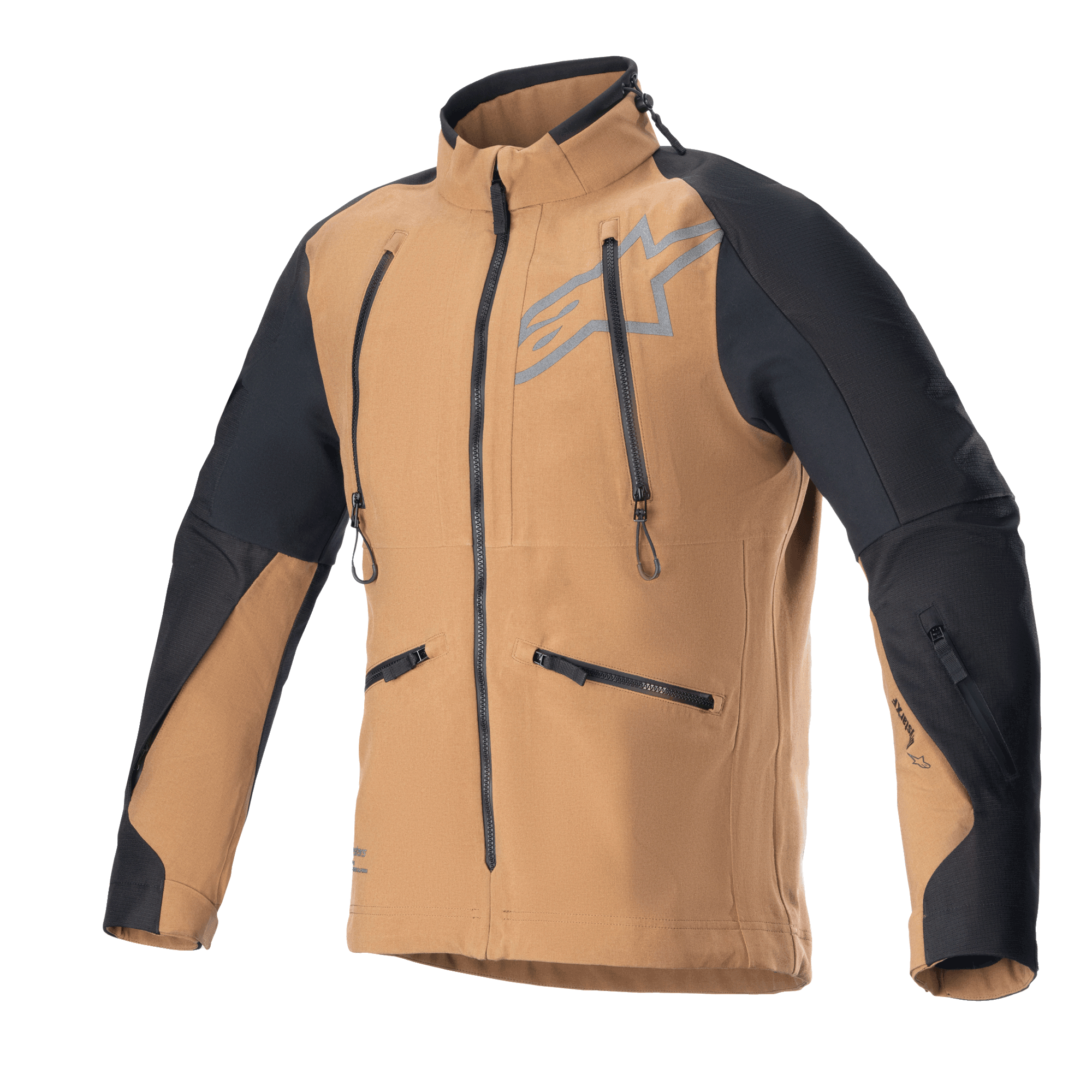 Alpinestars Hyde XT Drystar XF Jacket, veste de moto aventure touring, sable et noir, avec fermetures éclair de ventilation verticales sur la poitrine et poches latérales, empiècements ripstop noirs sur les épaules et les bras, col haut, construction textile imperméable pour le tout-terrain