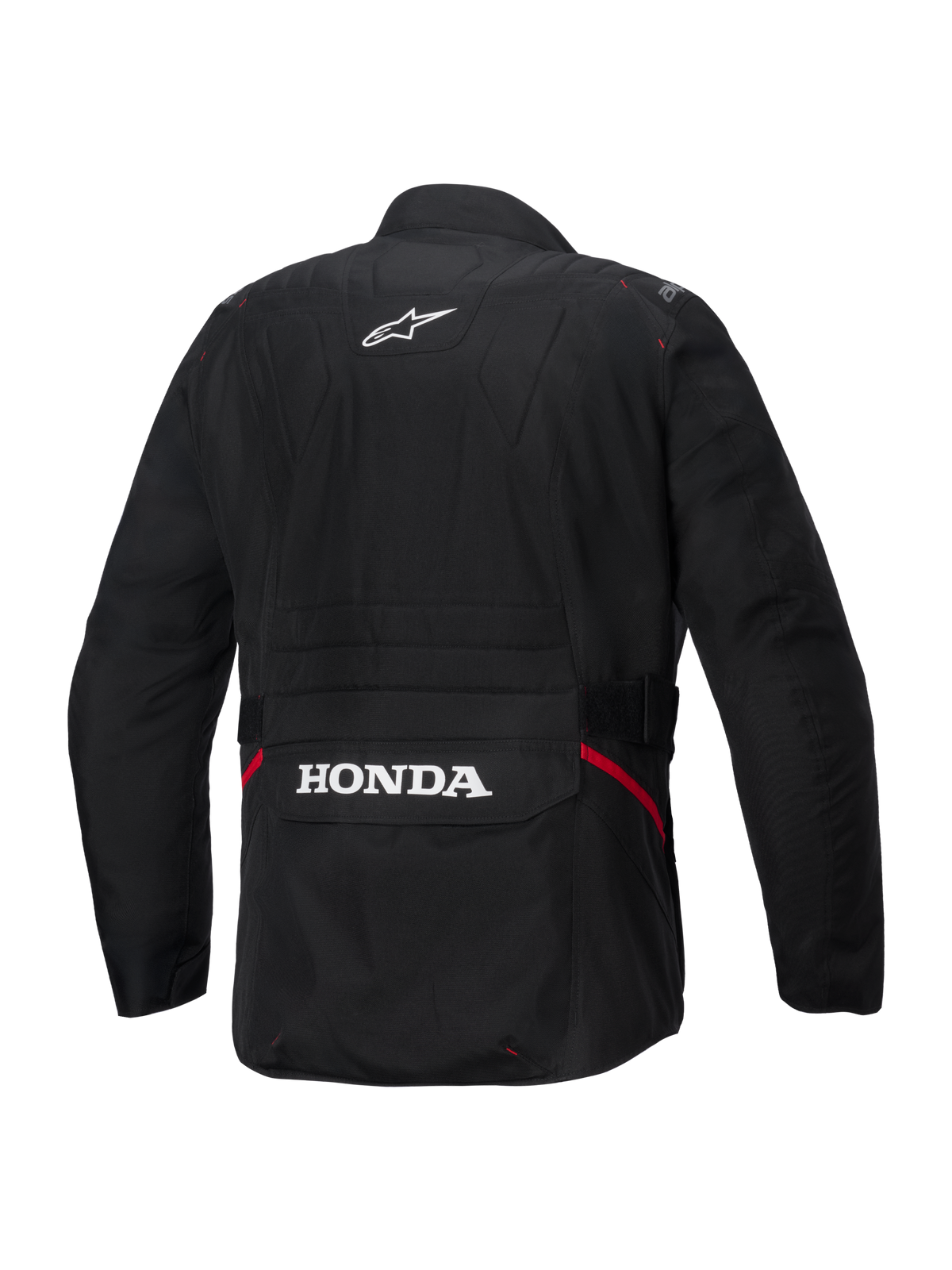 Alpinestars Honda ST-1 Waterproof Jas, achteraanzicht, zwart textiel, met wit Alpinestars-sterlogo op de bovenrug en Honda-branding op de achterste cargozak, rode accenten aan de zijkanten, duurzame touring motorjas