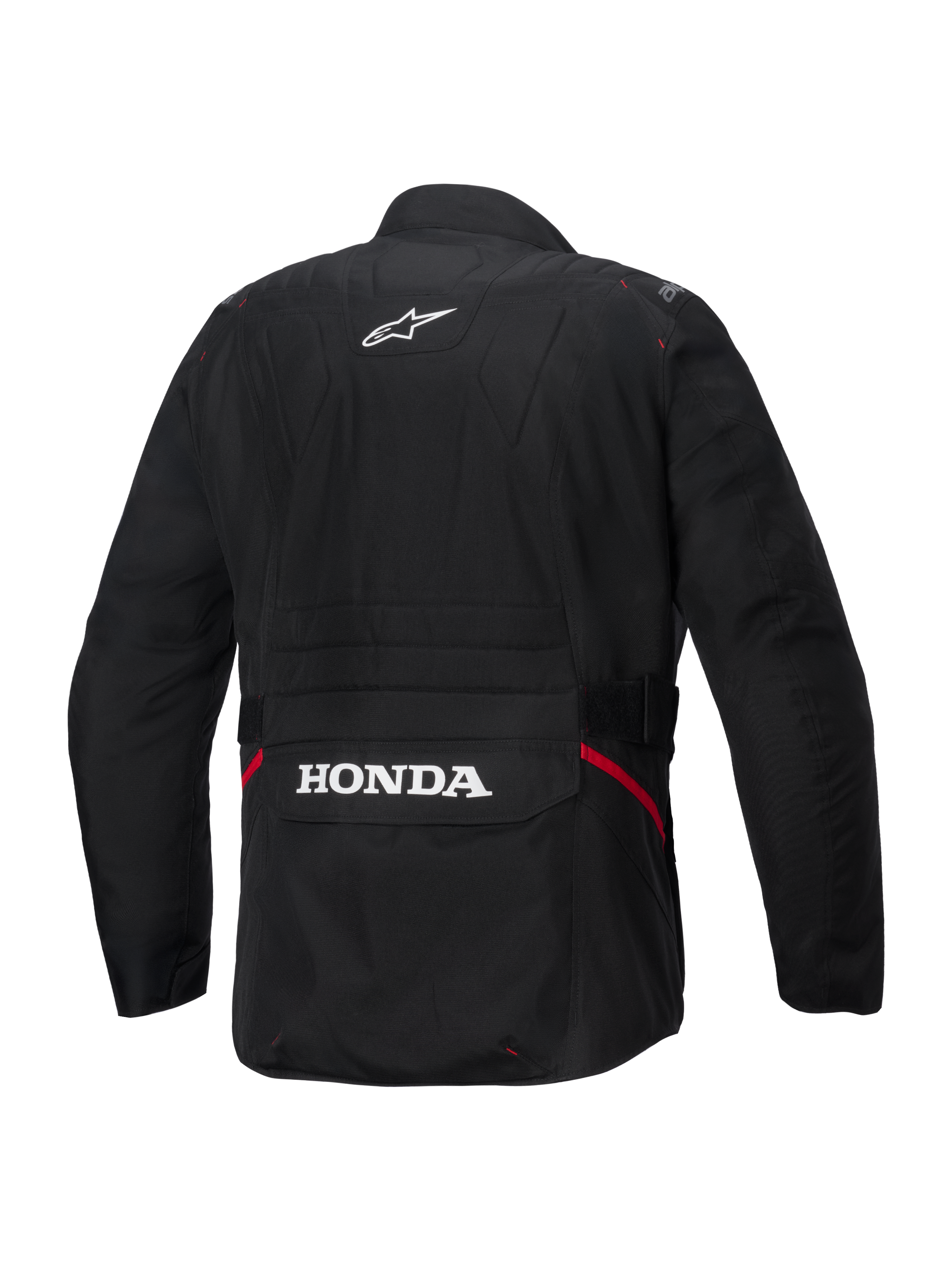 Alpinestars Honda ST-1 Waterproof Jas, achteraanzicht, zwart textiel, met wit Alpinestars-sterlogo op de bovenrug en Honda-branding op de achterste cargozak, rode accenten aan de zijkanten, duurzame touring motorjas