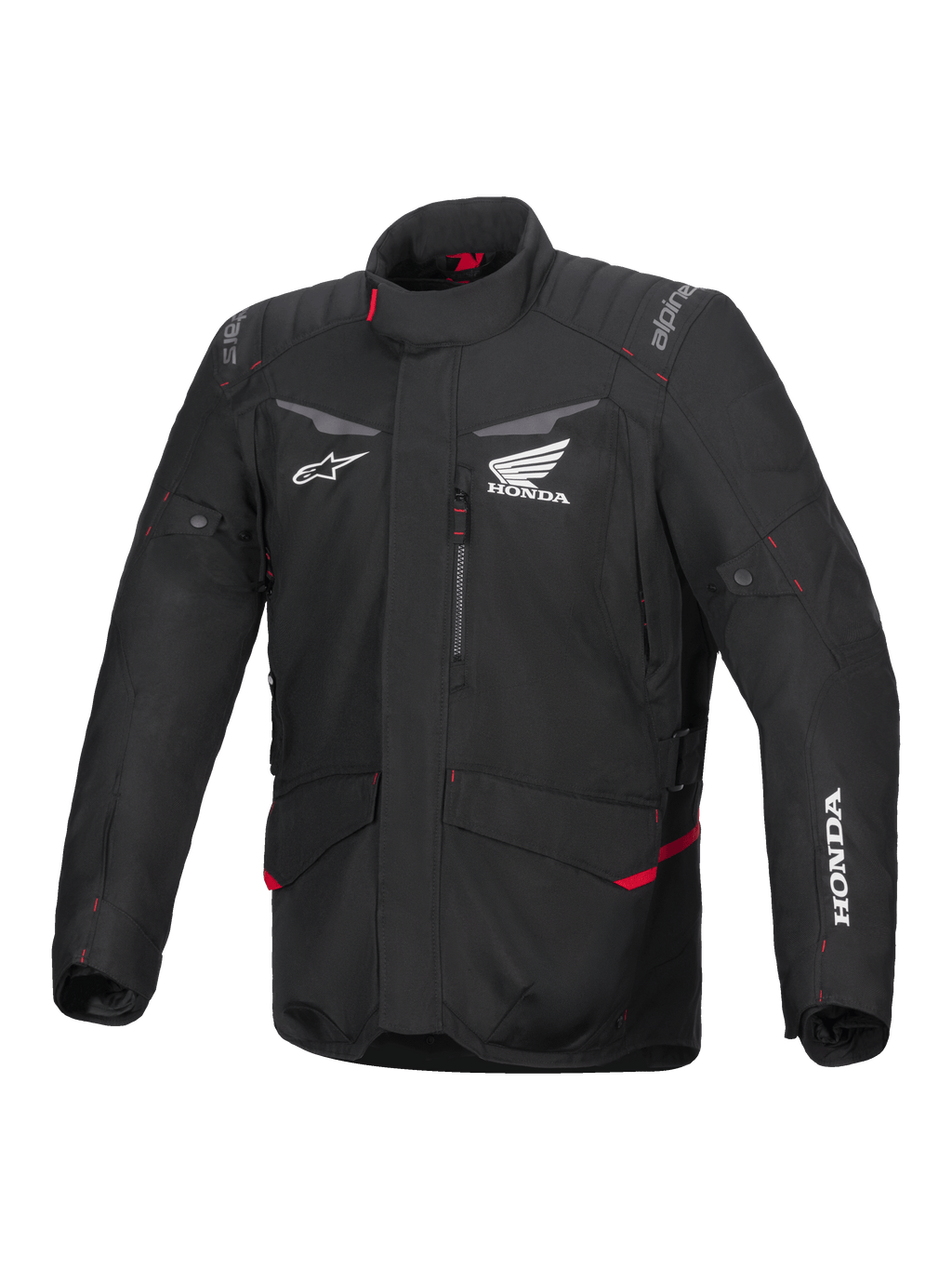 Alpinestars Honda ST-1 waterdichte motorjas, touring motorjas, zwart met rode accenten, Honda- en Alpinestars-logo's, hoge kraag, gewatteerde schouders en ellebogen, ritssluiting, voorzakken